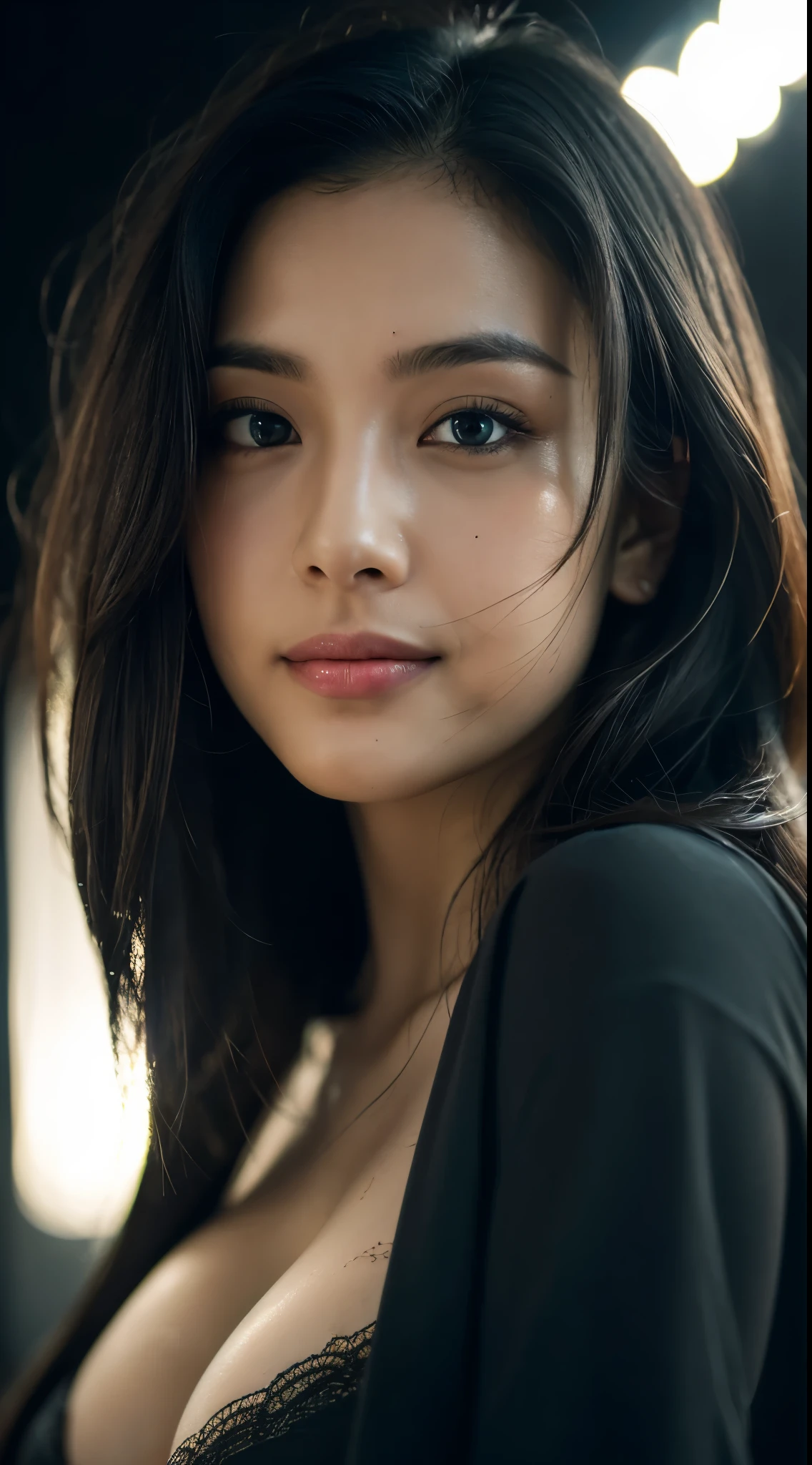highest quality, epic realistic, ((in the pitch black darkness :1.4)), ((portrait:1.5)),(background: dark ) high contrast ,glorious picture, lowest lux, lighting face, she's comfortable, wearing nothing, looks incredible, (8k, Raw photo, Highest quality),(epic realistic:1.5), a woman, face,(detailed eyes:0.8),(looking at the camera:1.4), (Highest quality), ( high contrast, deep shadows),Intricate details,cinematic,((skin:1.4)), (long dark hair:1.3), long hair, messy ,(Hdr:1.5),Detailed, colors, Superior quality, Masterpiece, Raw Photo (20-year-old, looking at viewer), beautiful, (wearing plain yellow shirt,), perfect, natural, perfect composition, portrait, perfect face, smiling expression, Captivating eyes, Bright details, Tight lips, (High Skin Detail),, (blue tint: 0.6), (sale: 0.8), (bloody: 0.7), Key lighting , (backlight: 0.5), Medium depth of field, Canon 5d, 50mm lens, f/4 apertures, (Ultra-detailed, Complex detail), sharp focus, soft colors, 8k, Absurd, 80mm, dark background, photography, smiling,medium boobs,