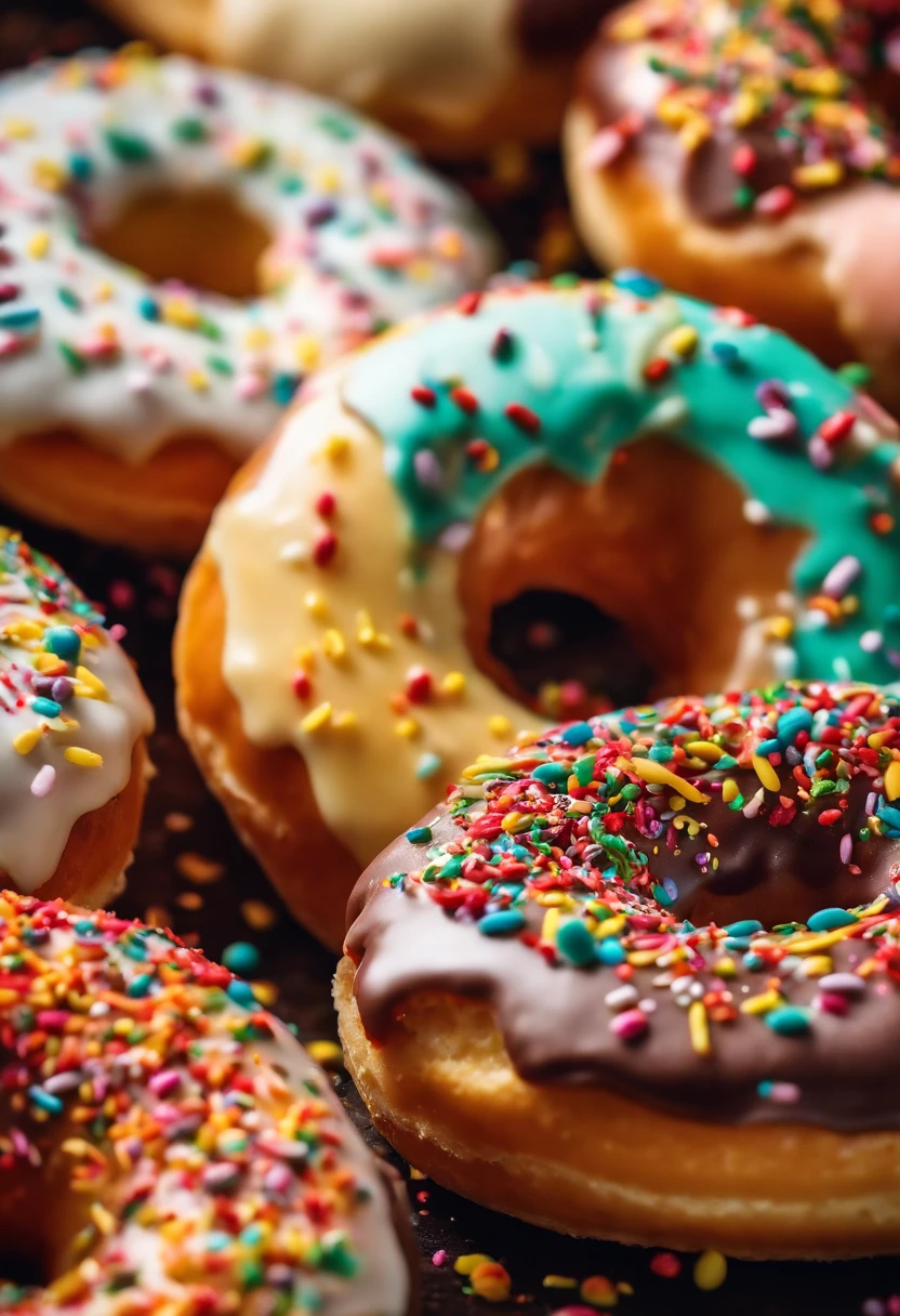 A close-up shot of a donut being decorated with colorful sprinkles, with the sprinkles scattered across the glaze and adding a playful and visually delightful touch