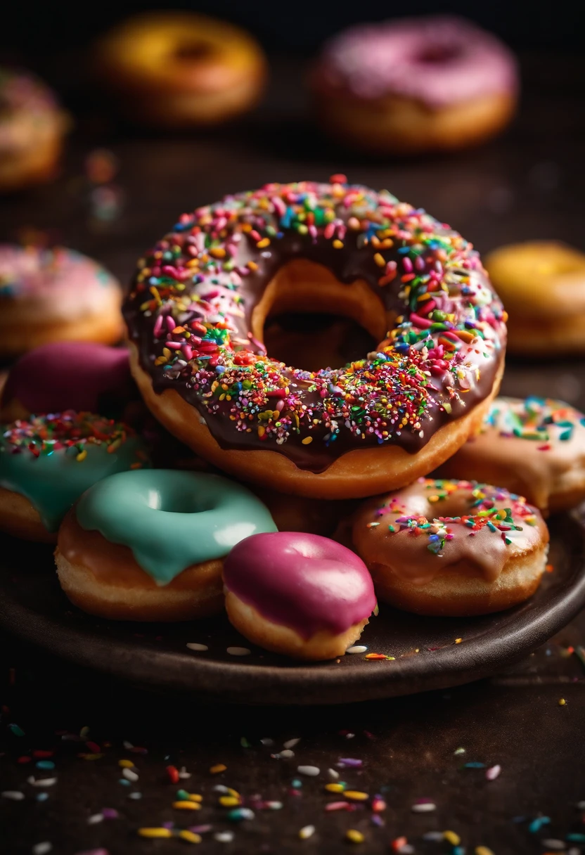 A close-up shot of a donut being decorated with colorful sprinkles, with the sprinkles scattered across the glaze and adding a playful and visually delightful touch