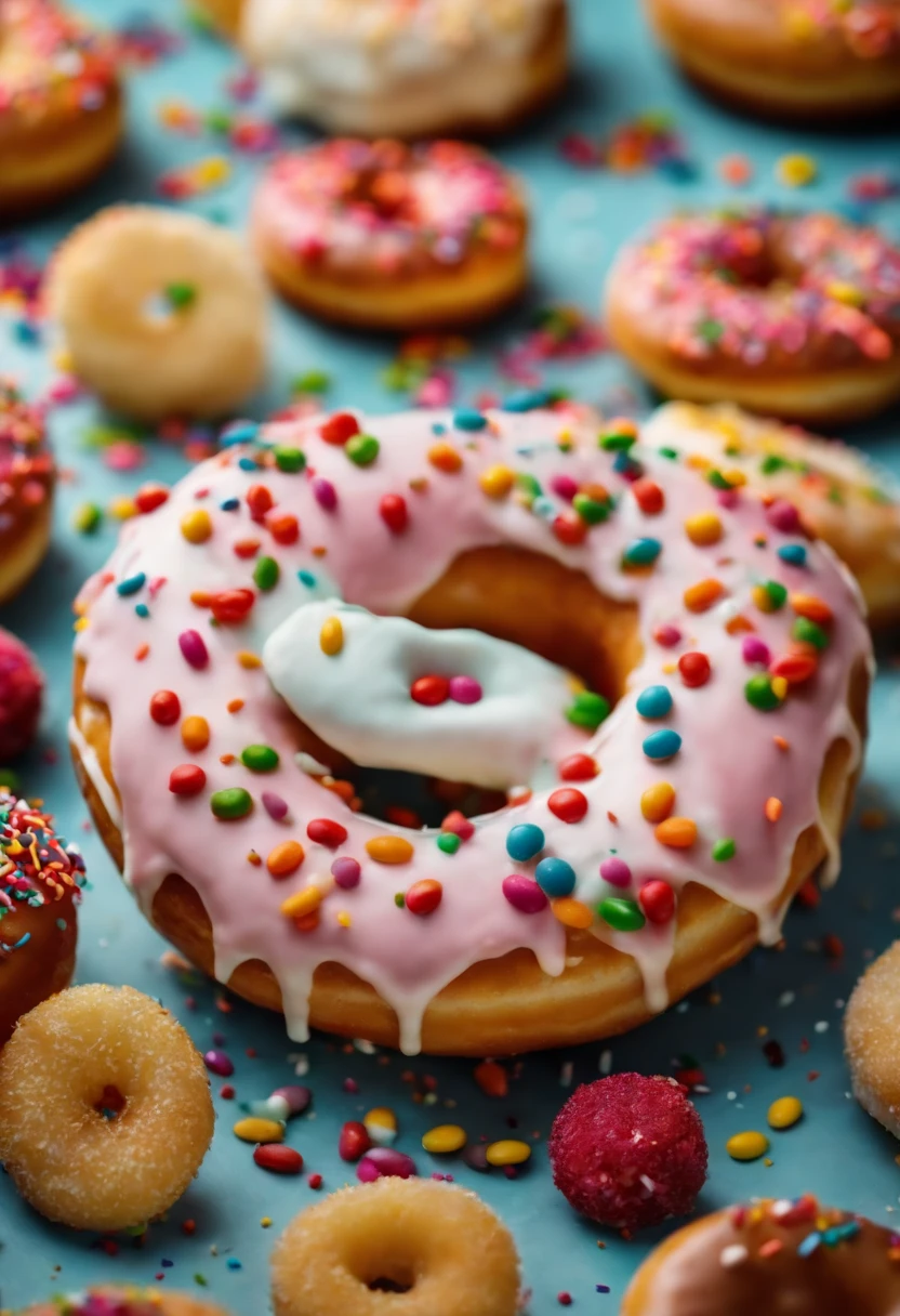 A close-up shot of a donut being decorated with colorful sprinkles, with the sprinkles scattered across the glaze and adding a playful and visually delightful touch