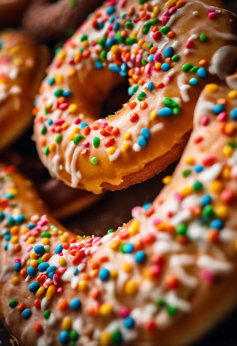 A close-up shot of a donut being decorated with colorful sprinkles, with the sprinkles scattered across the glaze and adding a playful and visually delightful touch