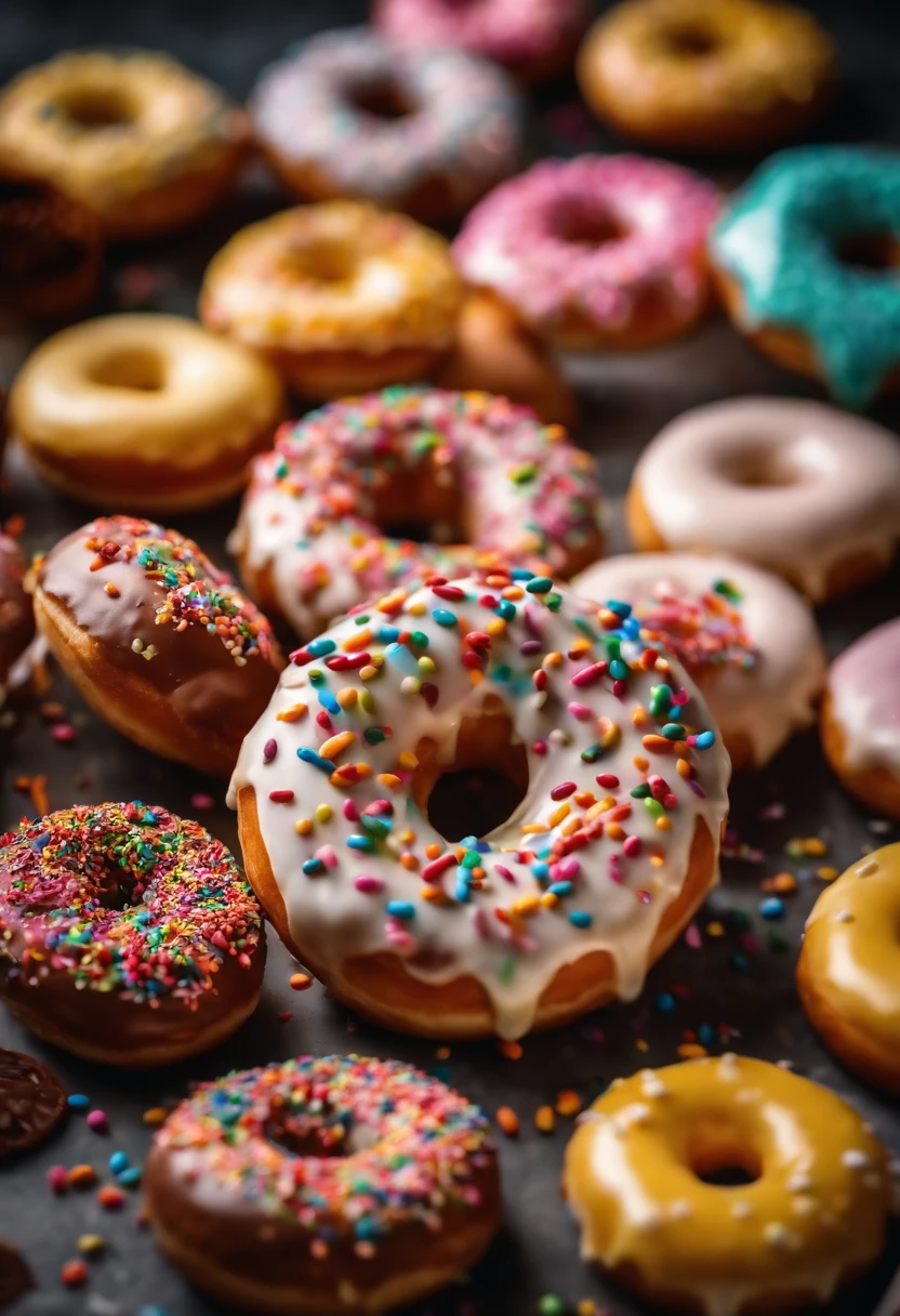 A close-up shot of a donut being decorated with colorful sprinkles, with the sprinkles scattered across the glaze and adding a playful and visually delightful touch