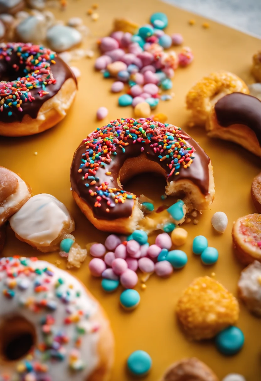 A close-up shot of a donut being decorated with colorful sprinkles, with the sprinkles scattered across the glaze and adding a playful and visually delightful touch