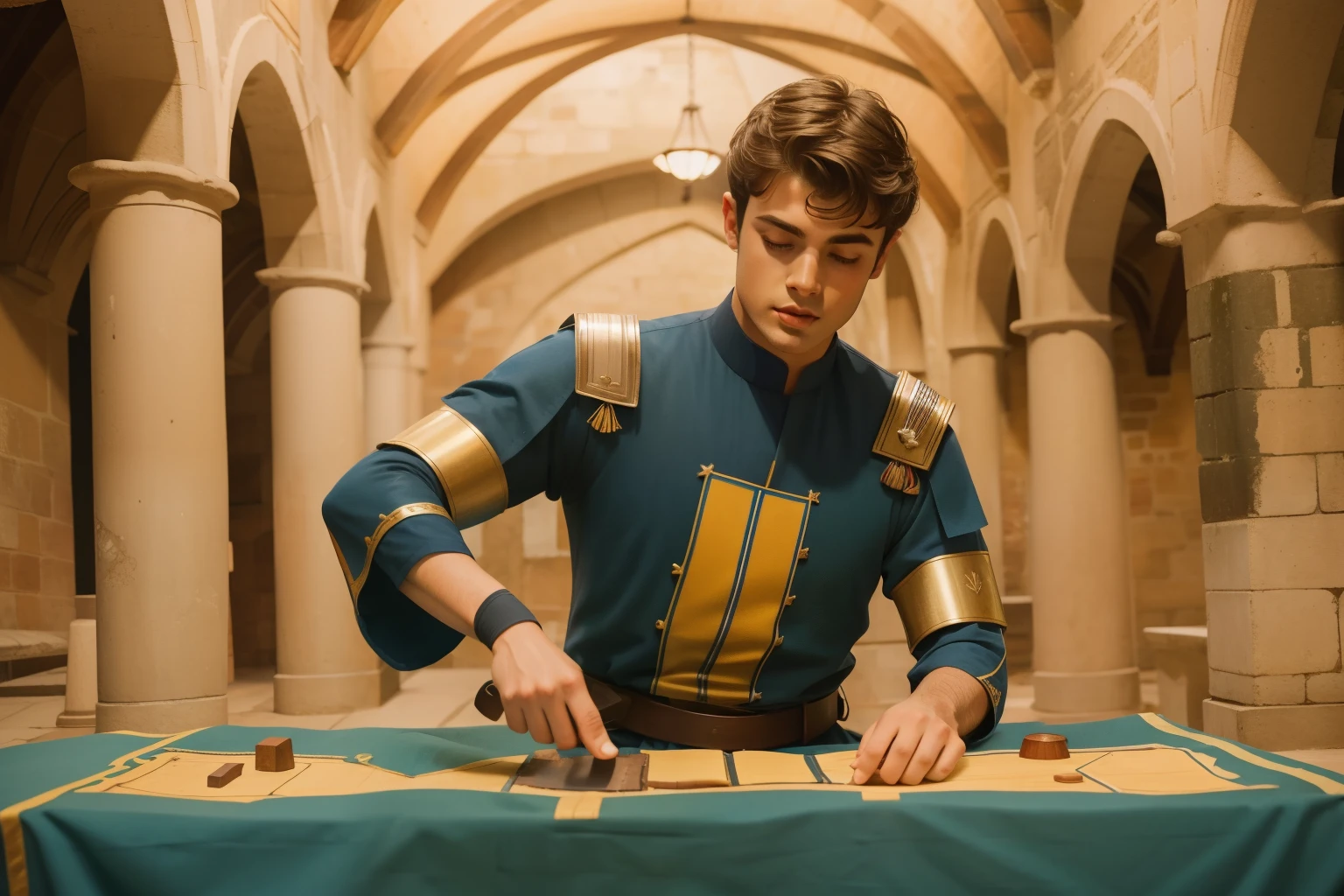 1145, Cherbourg, France. Otherworldly scene in a medieval monastery cloister, ((((22-year-old)) Matthew Daddario)), knight, panning a war, ((strategy map)), plan, ((expression of excitement)), ((((plain tunic from the 12th century)))), ((Hairstyle of the 12th century)), ((Wes Anderson cinematic style)), colorful