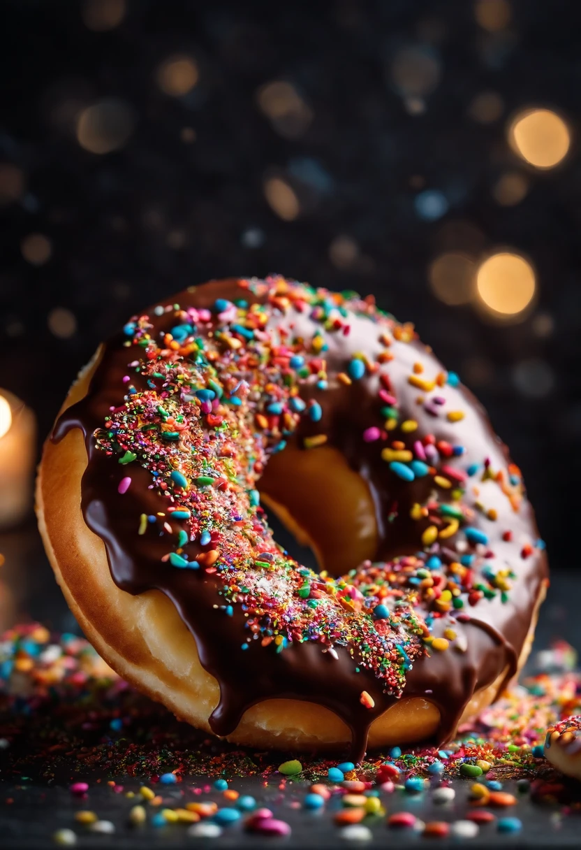 A close-up shot of a donut being decorated with colorful sprinkles, with the sprinkles scattered across the glaze and adding a playful and visually delightful touch
