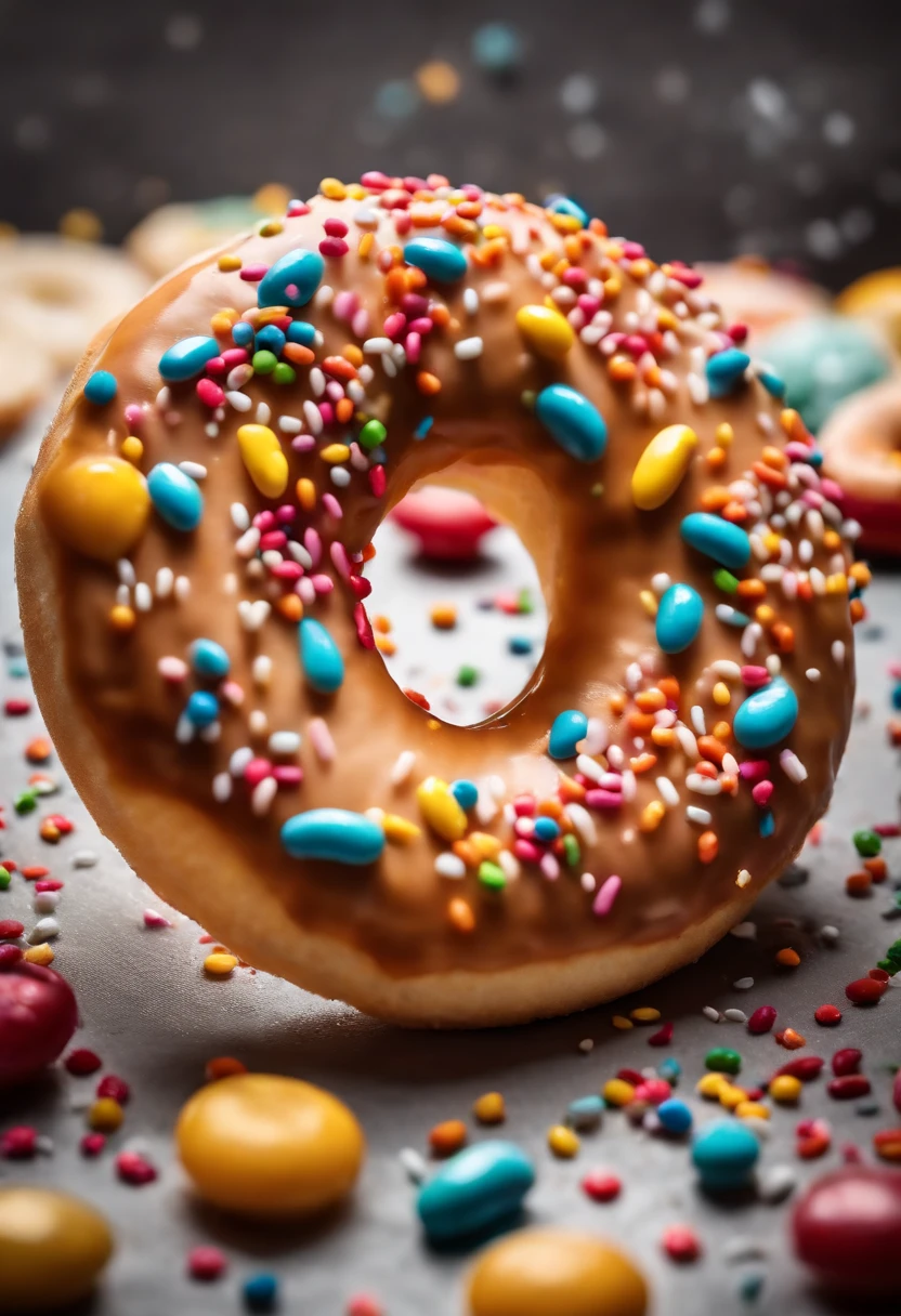 A close-up shot of a donut being decorated with colorful sprinkles, with the sprinkles scattered across the glaze and adding a playful and visually delightful touch