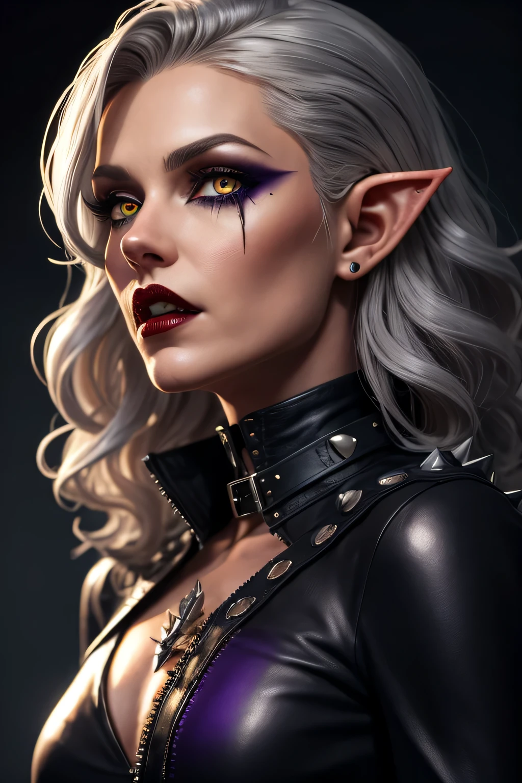 Handsome vampire elf, purple eyes and silver wavy tousled hair. black collar with spikes on the neck, in a leather robber suit, dark cool style, Fantasy + semi-realism., Horror style, hyper-detailing. portraite of a