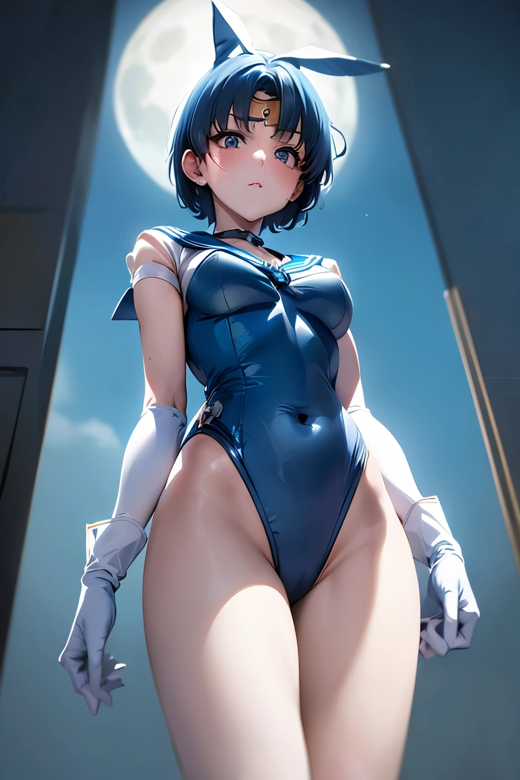 masutepiece, Best Quality, 1girl in, (Sailor Mercury),lightblue hair, (black eyes:1.2),((bunnygirl))、((leotard))、((embarassed expression))、((fullmoon))、((Photo from below))、((pantyhose))、((Short Hair Hair))、((White Long Gloves))、