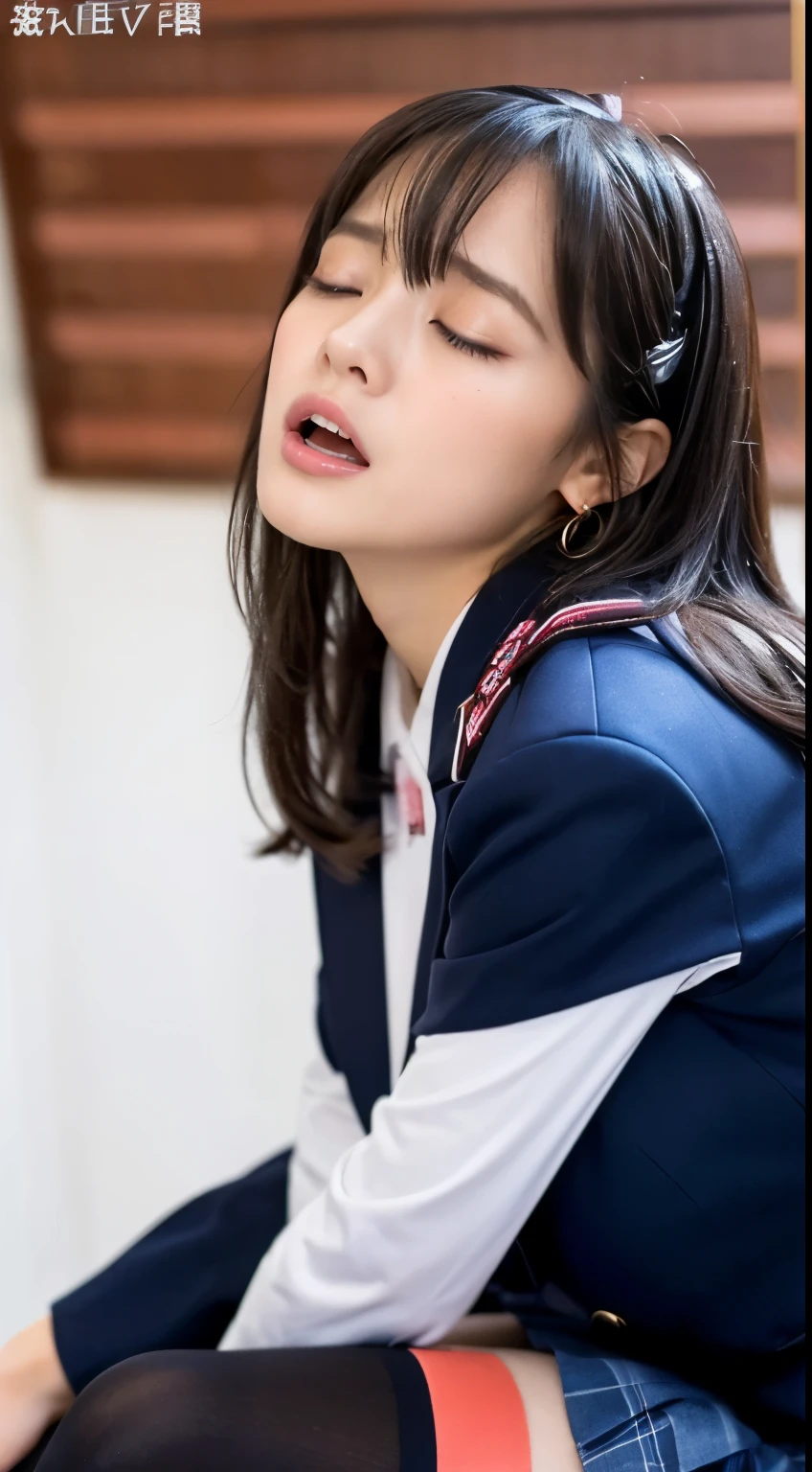 She wears the cutest high school uniform in the world、25-years old、Sculpture model attracts, (1girl in:1.Hotos、Photorealsitic:1.4、Official art、ultra-detailliert、Beautiful and aesthetic、Beautiful fece、​masterpiece、top-quality、Poses that sexually provoke men、Inviting eyes、an ecstatic look on one's face、the buttocks are small、Colossal tits、Chest exposed、(barechested)、The cutest blazer in the world、the cutest blouse in the world、The cutest red ribbon in the world、世界で最もBeautiful fece肌、The cutest earrings in the world、The cutest checked miniskirt in the world、The cutest navy knee socks in the world、The cutest black loafers in the world、The cutest sleeping face in the world、The cutest gravure idol pose in the world、The most attractive body in the world、The whole body is shown、school classrooms、opening legs widely、Touching the thigh、Showing off the cutest pants in the world、((Normal bit、Sleep on your back、insertion、Deep joy、severe pain、Ecstatic eyes:1.2）,(from side view:1.5）, despairing, I'm about to cry, exclamation、((panting heavily:1.2))、Ecstatic face、Climax expression、Look up、Staring at the ceiling、((Close your eyes, endure hard:1.5))