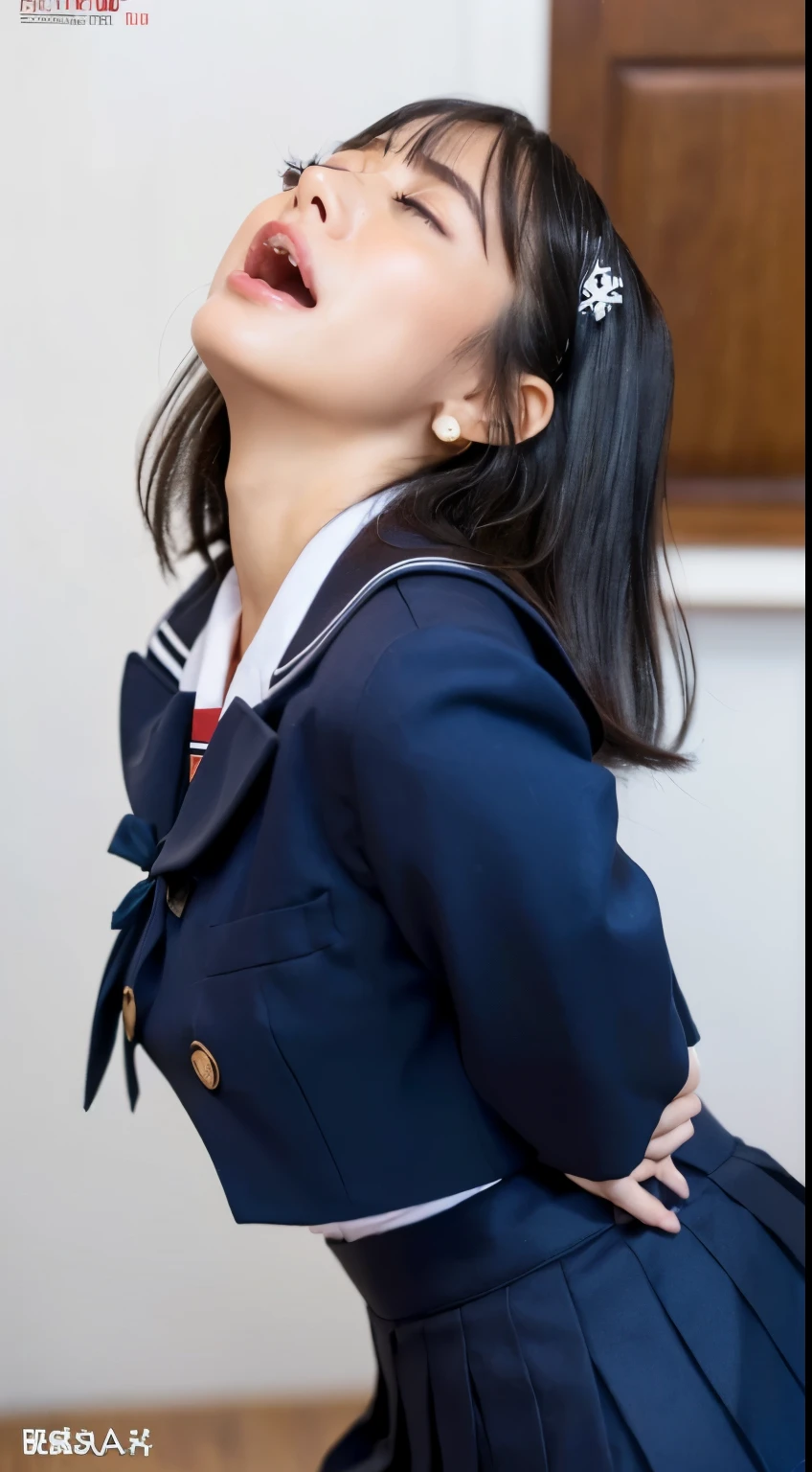 She wears the cutest high school uniform in the world、25-years old、Sculpture model attracts, (1girl in:1.Hotos、Photorealsitic:1.4、Official art、ultra-detailliert、Beautiful and aesthetic、Beautiful fece、​masterpiece、top-quality、Poses that sexually provoke men、Inviting eyes、an ecstatic look on one's face、the buttocks are small、Colossal tits、Chest exposed、(barechested)、The cutest blazer in the world、the cutest blouse in the world、The cutest red ribbon in the world、世界で最もBeautiful fece肌、The cutest earrings in the world、The cutest checked miniskirt in the world、The cutest navy knee socks in the world、The cutest black loafers in the world、The cutest sleeping face in the world、The cutest gravure idol pose in the world、The most attractive body in the world、The whole body is shown、school classrooms、opening legs widely、Touching the thigh、Showing off the cutest pants in the world、((doggy style、put your hands on the butt wall、insertion、Deep joy、severe pain、Ecstatic eyes:1.2）,(from side view:1.5）, despairing, I'm about to cry, exclamation、((panting heavily:1.2))、Ecstatic face、Climax expression、Look up、Staring at the ceiling、((Close your eyes, endure hard:1.5))