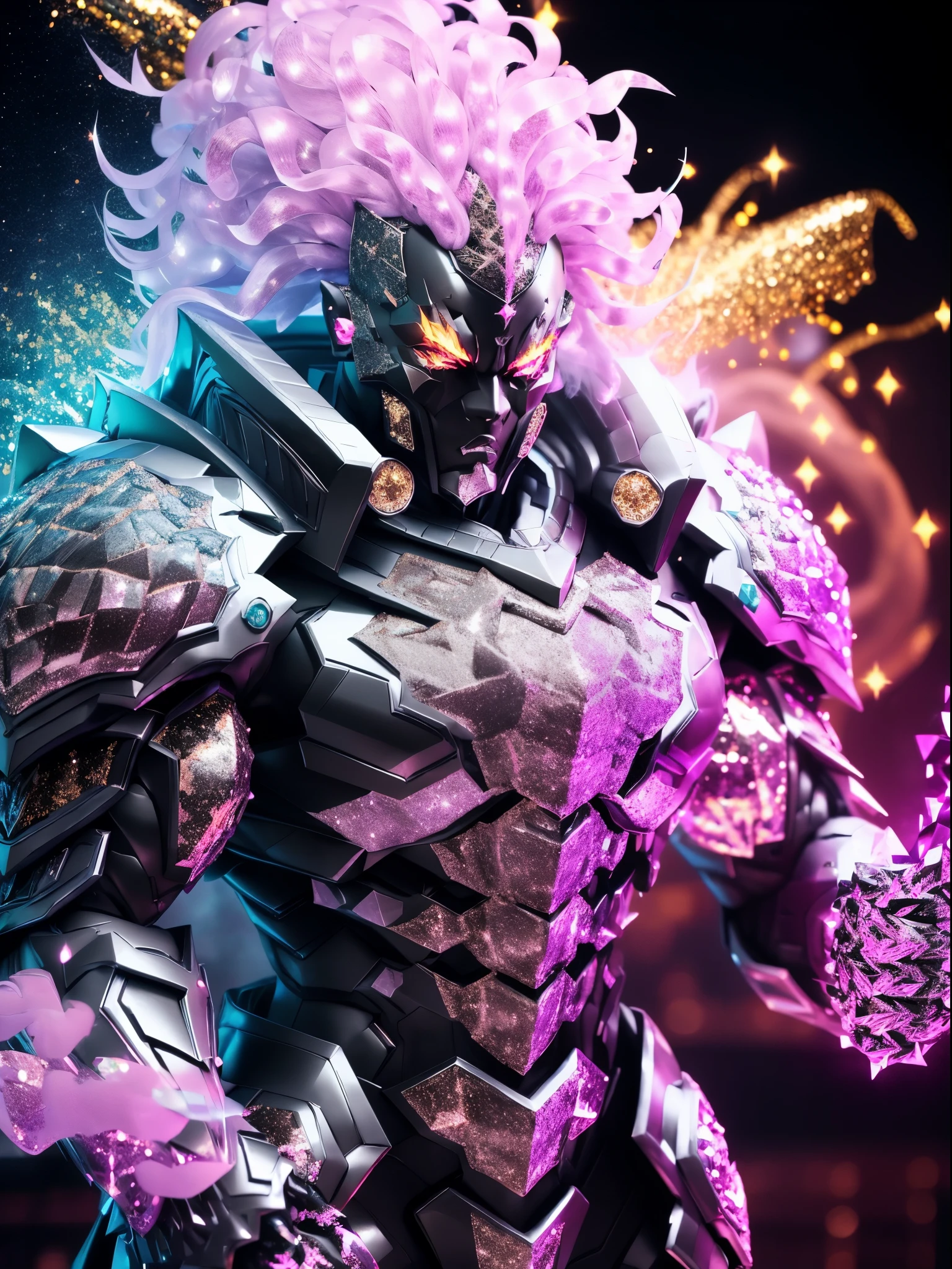 Black Villain, (black, glitter:1.5), Villain HEAD, HEAVY CRYSTAL ARMOR, TRANSPARANT, Coloured smoke with neon lights, super Villain BODY, , colourful smoke