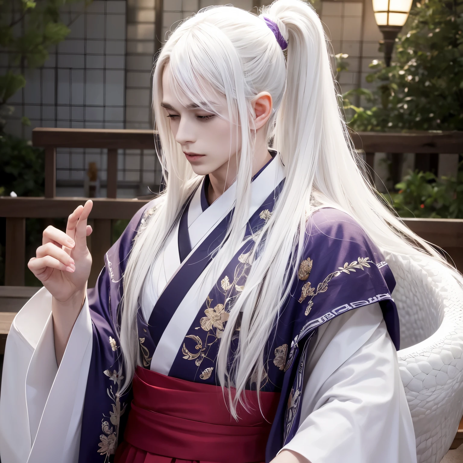1boy, Young and beautiful、white dragon demihuman, , masculine, very long white hair, White long hair、High ponytail、White eyelashes, Purple eyes, Loose-fitting kimono, full body concept、Capture a low-light image、use minimal lighting、 featuring towering buildings、kyoto、 jpn、with delicate lines, flat-colors