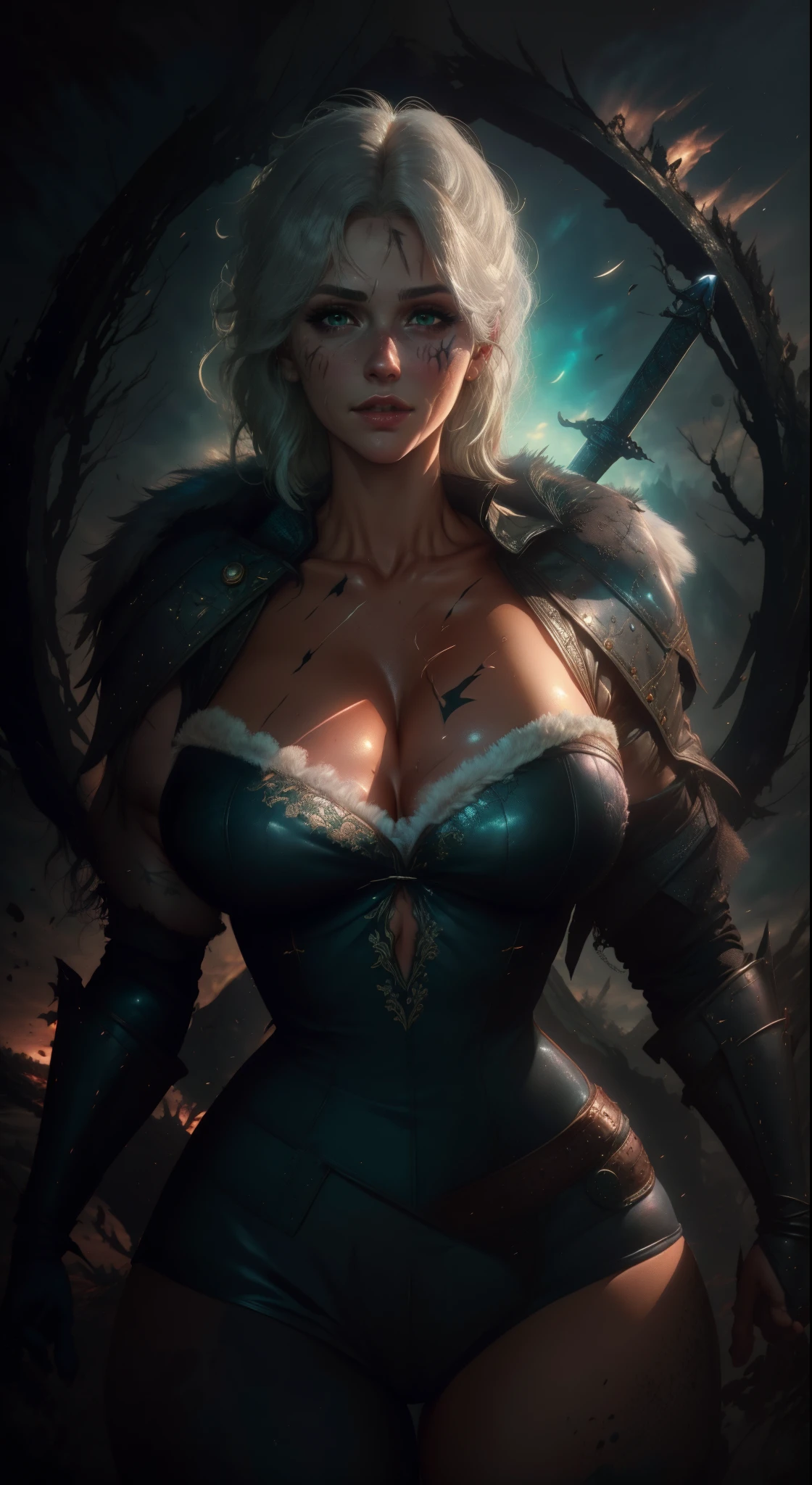 (masterpiece:1.3), (8k, photorealistic, RAW photo, best quality: 1.4), (1girl), (((Ciri from Witcher 3 with massive breasts))), overflowing cleavage, buttons straining, breast expansion,beautiful face, (realistic face), beautiful white hair, realistic green eyes, beautiful detailed green eyes, (realistic skin), beautiful skin, (fur outfit), absurdres, attractive, ultra high res, ultra realistic, highly detailed, golden ratio, deep cleavage, sword hilt, ((facial curved scar left cheek)), ((dark colors )),