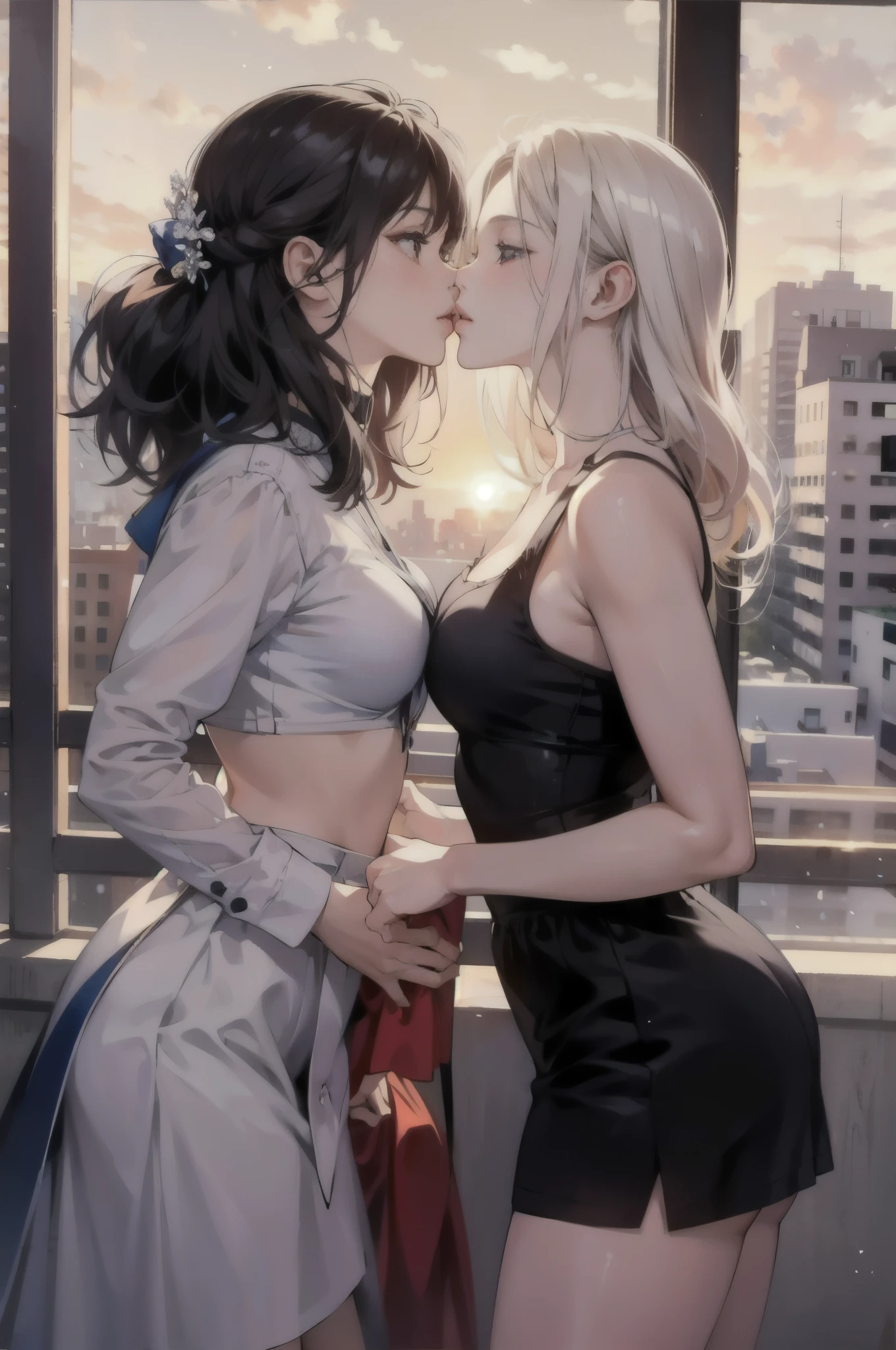 Anime oil painting of Two girls kissing, woman's underwear, balcony view the city so far background, 4k, HD, so many details, vibrant colors, intense colors hairs, hairs styles so really different