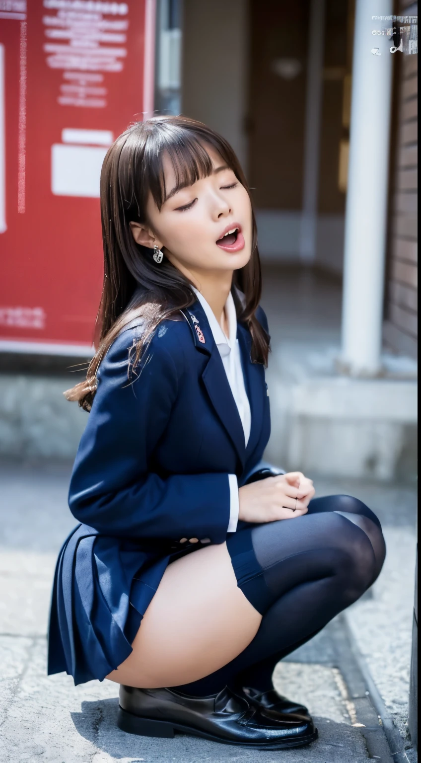She wears the cutest high school uniform in the world、25-years old、Sculpture model attracts, (1girl in:1.Hotos、Photorealsitic:1.4、Official art、ultra-detailliert、Beautiful and aesthetic、Beautiful fece、masterpiece、top-quality、Poses that sexually provoke men、Inviting eyes、an ecstatic look on one's face、the buttocks are small、Colossal tits、Chest exposed、(barechested)、The cutest blazer in the world、the cutest blouse in the world、The cutest red ribbon in the world、世界で最もBeautiful fece肌、The cutest earrings in the world、The cutest checked miniskirt in the world、The cutest navy knee socks in the world、The cutest black loafers in the world、The cutest sleeping face in the world、The cutest gravure idol pose in the world、The most attractive body in the world、The whole body is shown、school classrooms、opening legs widely、Touching the thigh、Showing off the cutest pants in the world、((doggy style、put your hands on the butt wall、insertion、Deep joy、severe pain、Ecstatic eyes:1.2),(from side view:1.5), despairing, I'm about to cry, exclamation、((panting heavily:1.2))、Ecstatic face、Climax expression、Look up、Staring at the ceiling、((Close your eyes, endure hard:1.5))