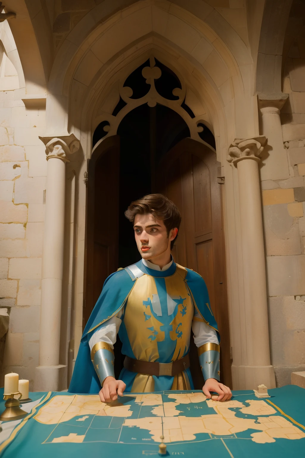 1145, Cherbourg, France. Otherworldly scene in a medieval monastery cloister, ((((22-year-old)) Matthew Daddario)), knight, panning a war, ((strategy map)), plan, ((expression of excitement)), ((((plain tunic from the 12th century)))), ((Hairstyle of the 12th century)), ((Wes Anderson cinematic style)), colorful