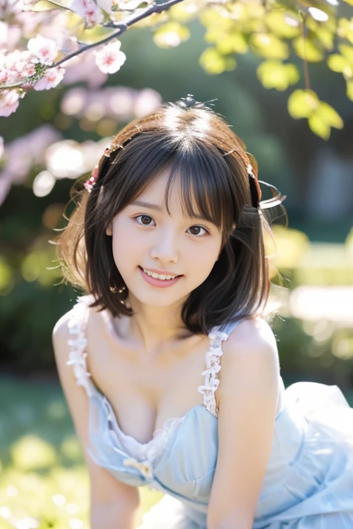 (((​masterpiece))), (((Full body photo)))， (One beautiful Japan girl, Innocence，kawaii) ，超A high resolution, Realistic, ultra-detailliert, 8K,top-quality, Extremely detailed, Detailed background,A slender,very beautiful japanese girl, (Detailed face:1.3), (Bery short hair，Cute Hair Ornament，A dark-haired :1.4), (a baby face，kawaii系,adorable 14 year old girl), (Perfect body:1.1), (white frills，Light blue dress，White fluffy skirt), Gentle smile，Show your beautiful teeth,((beautiful thigh))，sexy  pose，rosy cheeks，Super Detailed Face、Detailed lips、A detailed eye、small gravure idol，Transparent skin、Lori，Photorealistic:1.37，no-makeup，In the soft spring sunshine