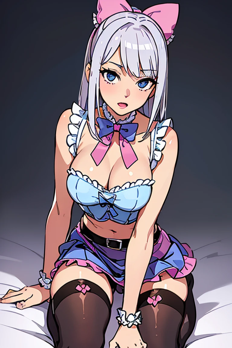 silver hair, (((pink ruffled sleeveless blouse with blue bow))), ((black short skirt with belt)), ((thigh-high black stocking on right leg)), blue eyes, navel, ((cute innocent face, open mouth, allure)), [[playful]]], [[[bedroom]]], front-view, [[kneeling down]], head down, butt up, arched back, (gravure), (sexy), arousing, realistic, ((perfect symmetrical body)), (slim hip), soft light, dawn light)), bloom, 1girl, super model body, very slim body, thin, super model body, ultra-detailed CG, 8k, high detailed, realistic, solo, intricate details),