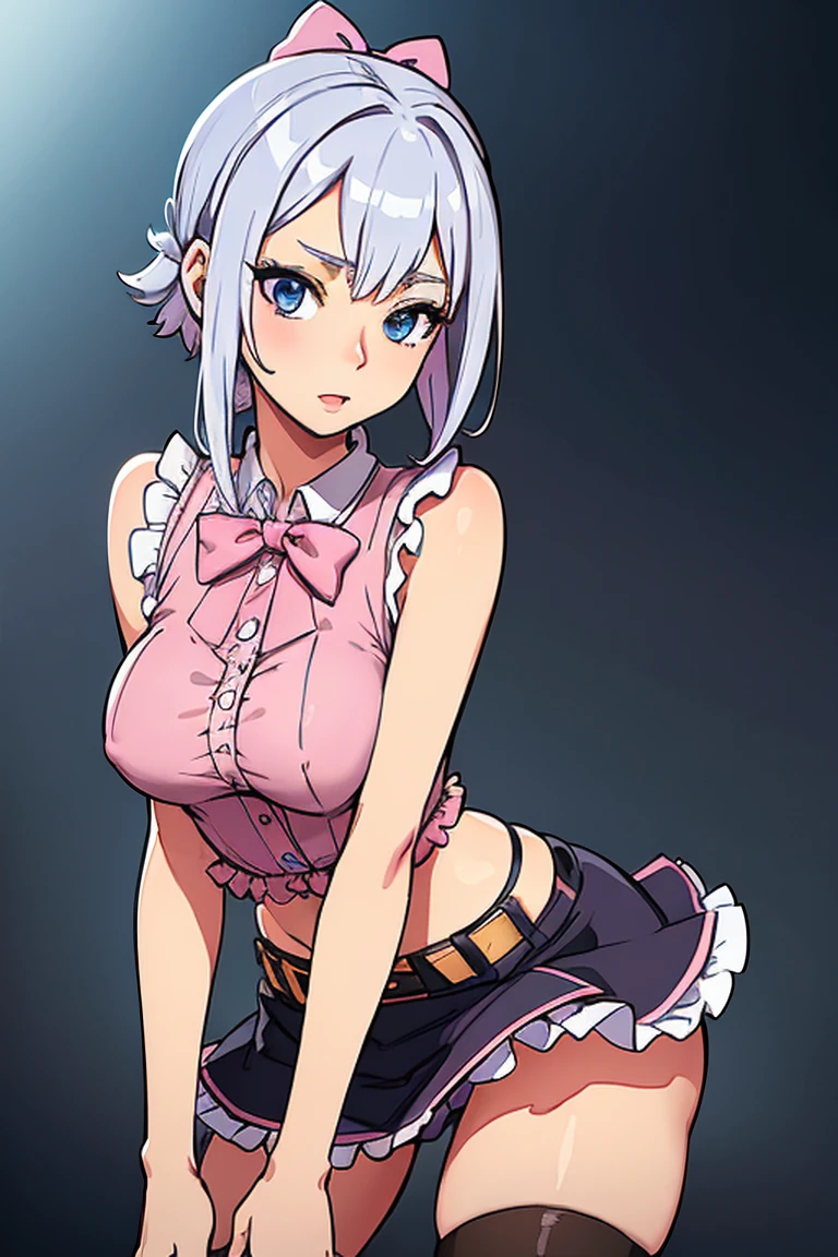 silver hair, (((pink ruffled sleeveless blouse with blue bow))), ((black short skirt with belt)), ((thigh-high black stocking on right leg)), blue eyes, navel, ((cute innocent face, open mouth, allure)), [[playful]]], [[[bedroom]]], front-view, [[kneeling down]], head down, butt up, arched back, (gravure), (sexy), arousing, realistic, ((perfect symmetrical body)), (slim hip), soft light, dawn light)), bloom, 1girl, super model body, very slim body, thin, super model body, ultra-detailed CG, 8k, high detailed, realistic, solo, intricate details),