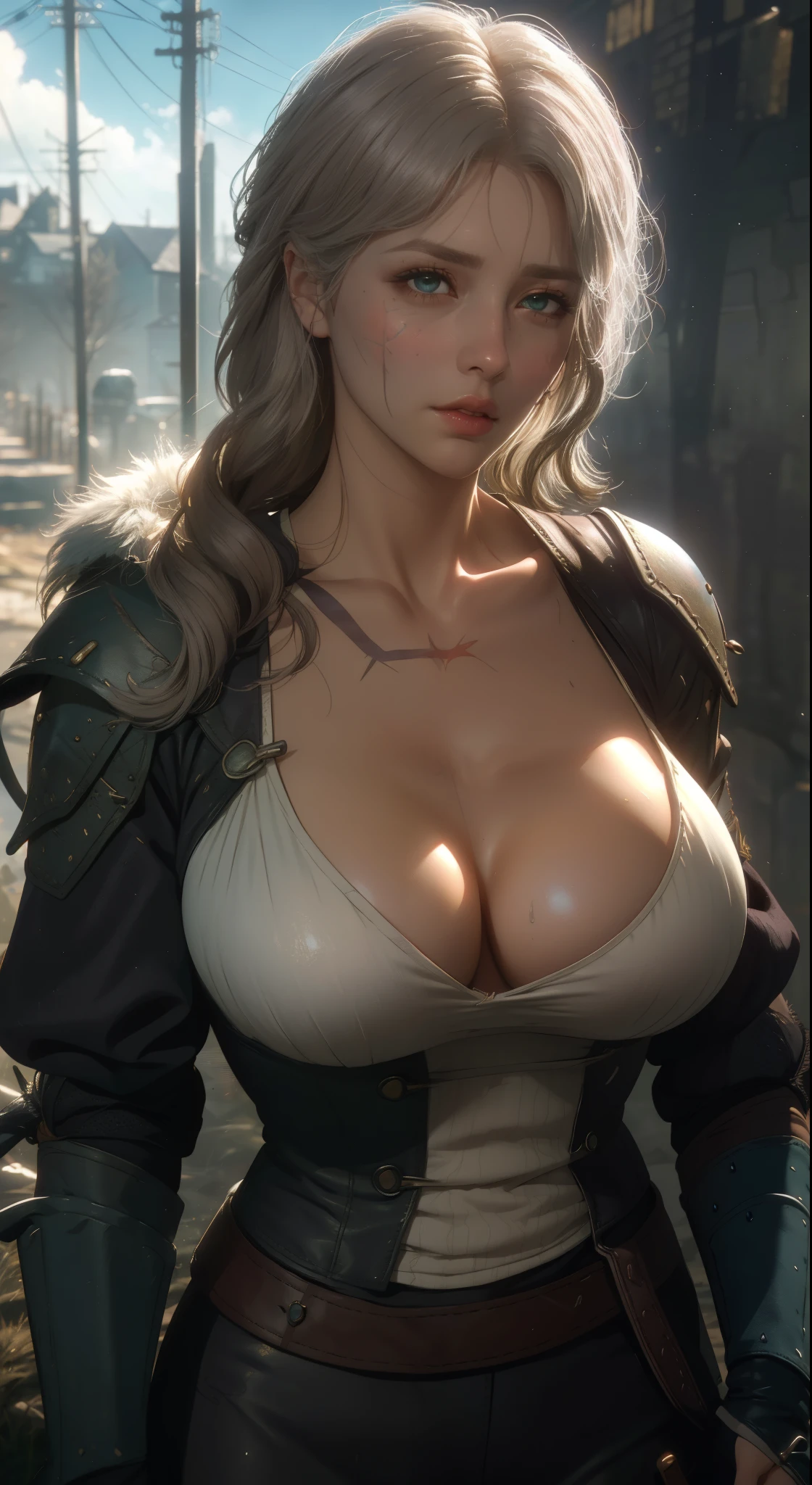 (masterpiece:1.3), (8k, photorealistic, RAW photo, best quality: 1.4), (1girl), (((Ciri from Witcher 3 with massive breasts))), overflowing cleavage, buttons straining, breast expansion,beautiful face, (realistic face), beautiful white hair, realistic green eyes, beautiful detailed green eyes, (realistic skin), beautiful skin, (fur outfit), absurdres, attractive, ultra high res, ultra realistic, highly detailed, golden ratio, deep cleavage,  sword hilt, ((facial curved scar  left cheek)), ((dark colors )),