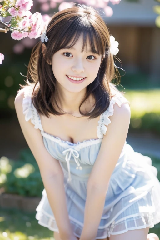 (((​masterpiece))), (((Full body photo)))， (One beautiful Japan girl, Innocence，kawaii) ，超A high resolution, Realistic, ultra-detailliert, 8K,top-quality, Extremely detailed, Detailed background,A slender,very beautiful japanese girl, (Detailed face:1.3), (Bery short hair，Fluffy hairstyle，A dark-haired :1.4), (a baby face，kawaii系,adorable 14 year old girl), (Perfect body:1.1), (white frills，Light blue dress，White fluffy skirt), Gentle smile，Please show me your beautiful teeth,((beautiful thigh))，sexy  pose，rosy cheeks，Super Detailed Face、Detailed lips、A detailed eye、small gravure idol，Transparent skin、Lori，Photorealistic:1.37，no-makeup，In the soft spring sunshine