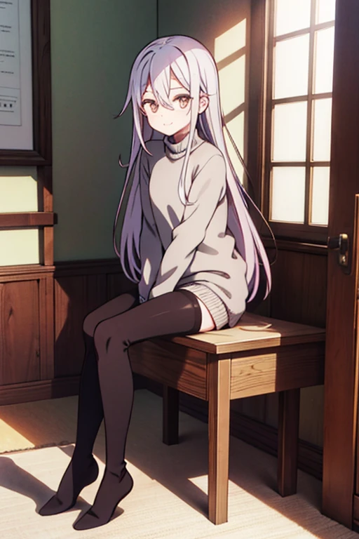 (tmasterpiece，high high quality，light grey sweater，stare，thigh boots，whaite hair，ssmile，sit on chair，Absolute realm，‎Classroom，Sitting，Crossed legs，low head，Leg details，Foot details，detail in face)