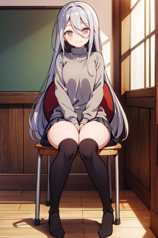 (tmasterpiece，high high quality，light grey sweater，stare，thigh boots，whaite hair，ssmile，sit on chair，Absolute realm，‎Classroom，Sitting，Crossed legs，low head，Leg details，Foot details，detail in face)