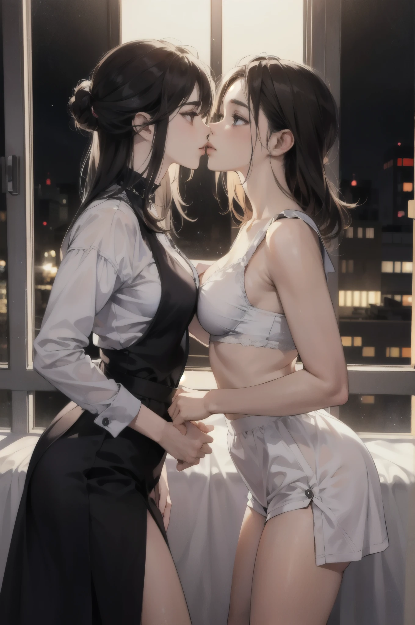 Anime oil painting of Two girls kissing, woman's underwear, balcony view the city so far background, 4k, HD, so many details, vibrant colors, intense colors hairs, hairs styles so really different