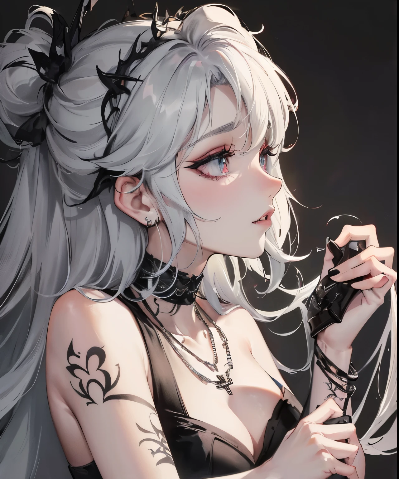 arafed woman with tattoos and a necklace holding a picture, goth girl aesthetic, portrait of kim petras, goth aesthetic, inked, she looks like a mix of grimes, goth girl, inspired by Elsa Bleda, pale goth beauty, resembling a mix of grimes, looks like a mix of grimes, profile image, 1 7 - year - old goth girl