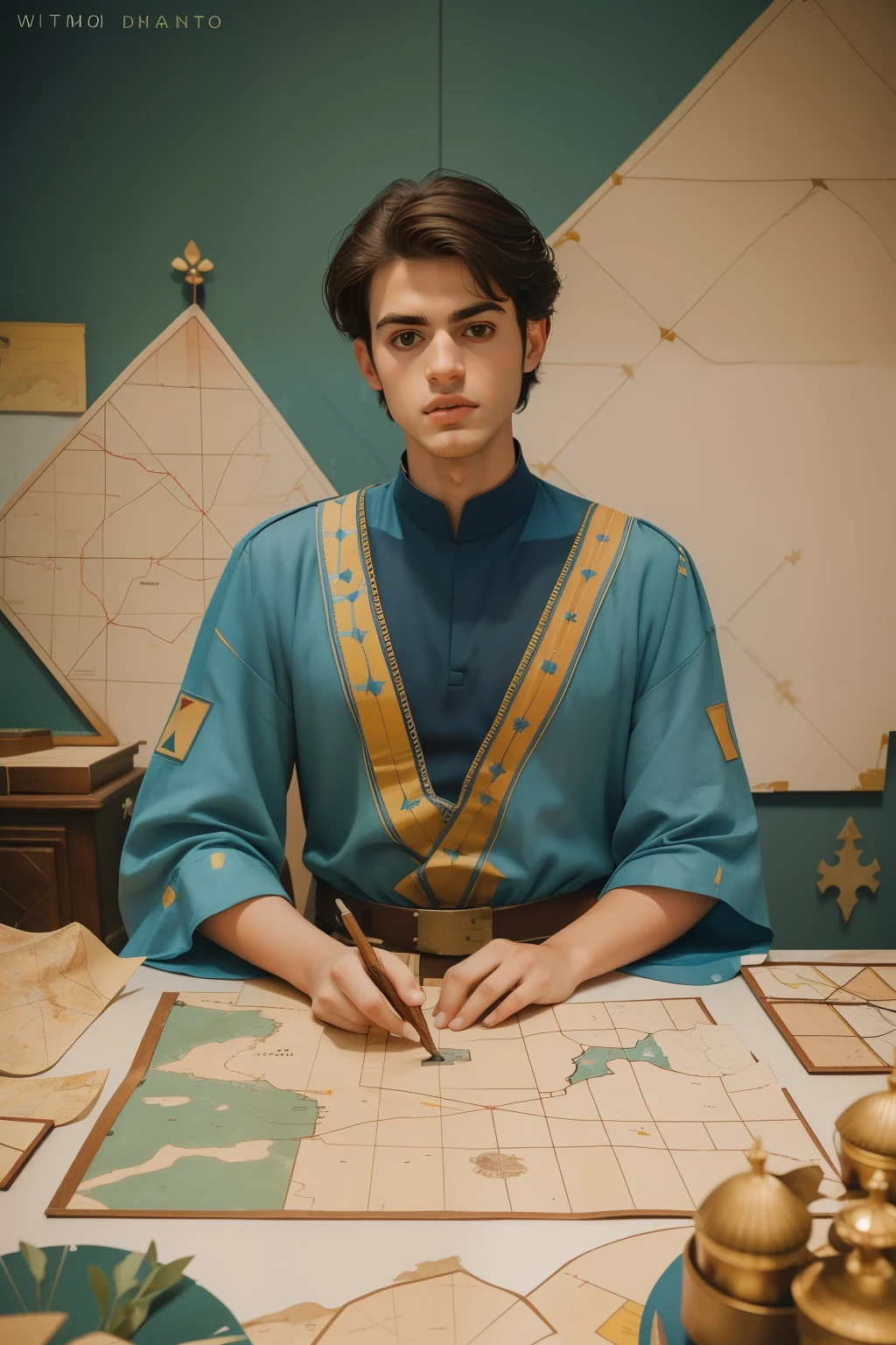 1145, Cherbourg, France. Otherworldly scene in a medieval castle, ((((22-year-old)) Matthew Daddario)), knight, panning a war, ((strategy map)), plan, ((expression of excitement)), ((((plain tunic from the 12th century)))), ((Hairstyle of the 12th century)), ((Wes Anderson cinematic style)), colorful