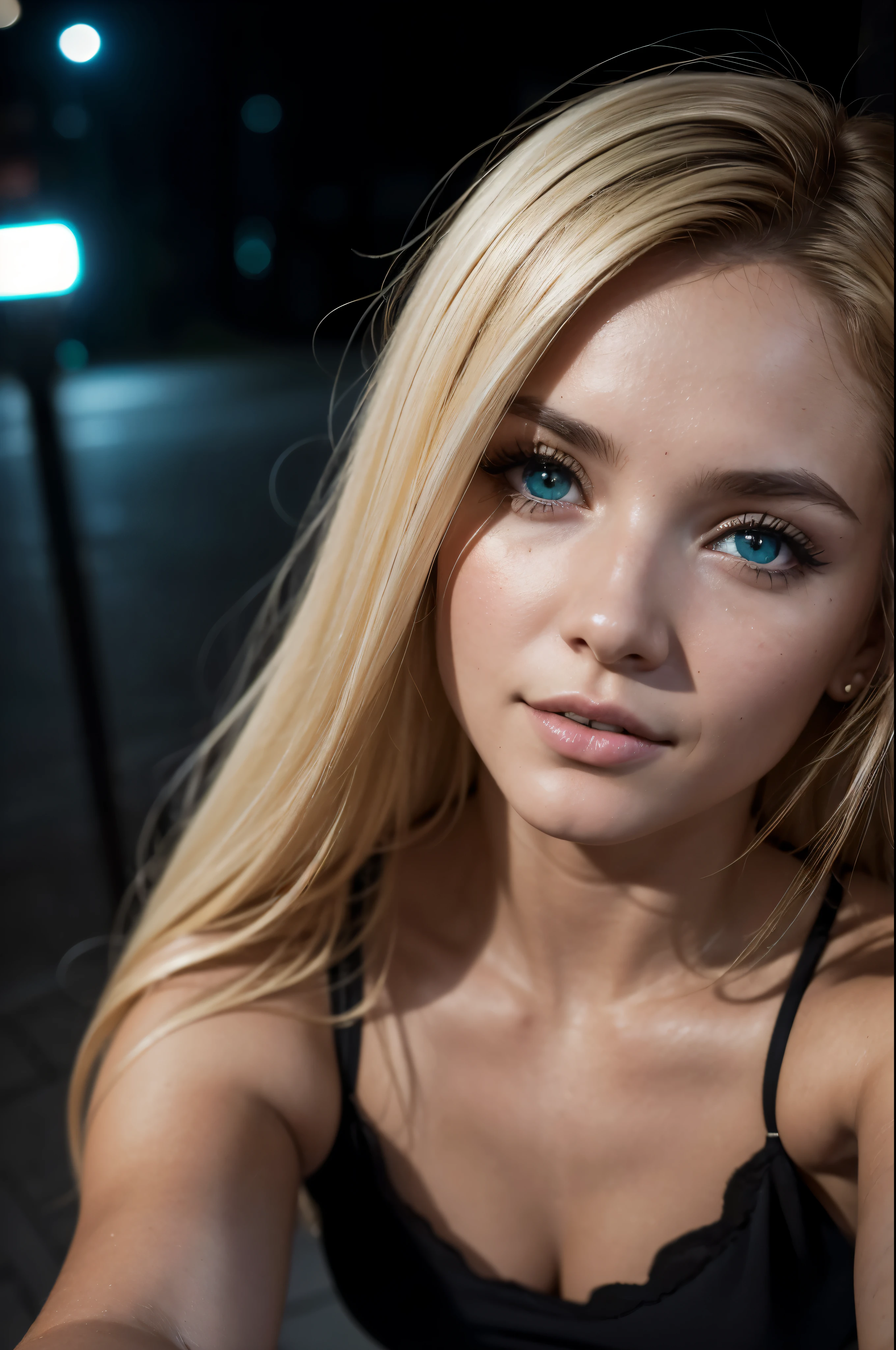 (taking selfies, overhead view: 1.4), (straight half of the torso: 1.4), Portrait photo of ukrainian 24-year-old blonde Olena Kovalenko (green-eyed woman) Walk down the dark alley , night city, Details (textures! , Hair! ,  Color!! , imperfections: 1.1), (looking at the camera),  beatiful face, sharp-focus, street lamp, neon lighting, bokeh (dimly lit), night time, (night sky), detailed skin pores, pores skin, suntan,