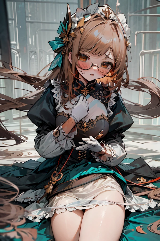 1girl, medium breast, long brown hair, copper hair tips, brown eyes, glasses, (swept bangs), maid uniform, dark blue dress, black shirt, puffy sleeves, long sleeves, white gloves, maid headdress, lace-up white panties, broken look, broken, blushing, tears, lying on the floor, cum, blood, cum and blood flowing out of pussy, bare breasts, pubic hair