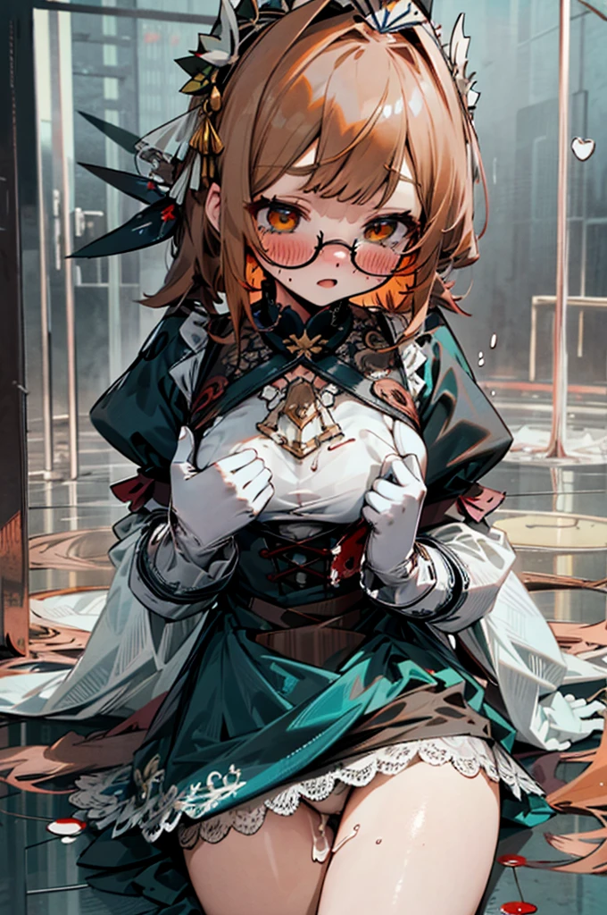 1girl, medium breast, long brown hair, copper hair tips, brown eyes, glasses, (swept bangs), maid uniform, dark blue dress, black shirt, puffy sleeves, long sleeves, white gloves, maid headdress, lace-up white panties, broken look, broken, blushing, tears, lying on the floor, cum, blood, cum and blood flowing out of pussy, bare breasts, pubic hair