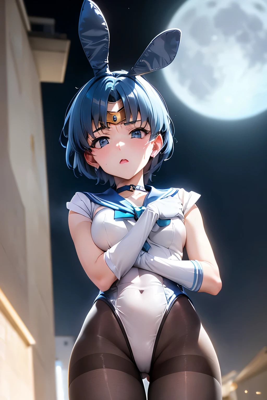 masutepiece, Best Quality, 1girl in, (Sailor Mercury),lightblue hair, (black eyes:1.2),((bunnygirl))、((leotard))、((embarassed expression))、((fullmoon))、((Photo from below))、((pantyhose))、((Short Hair Hair))、((White Long Gloves))、