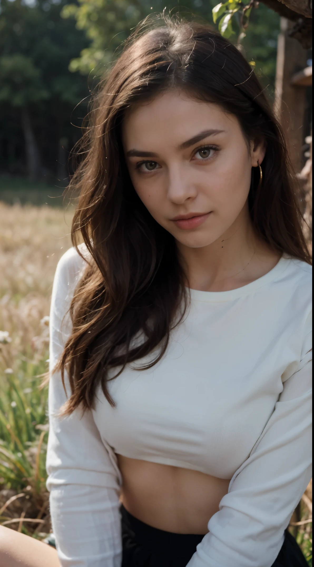 (in 8K, Raw-Photo, best quality, masterpiece:1.2), 1 girls , 20yo, full body shot, a beauty, european, Balkans ancestry, slim normal body, long hair, looking at viewer, BLACK (black) HOODIE, long sleeves, black skirt, smile, ears ring ((The highest quality, 16 k, masterpiece: 1.3)), Biologically Correct Human, reference, detailed fingers, detailed faces, detailed lips, detailed eyes, glittering eyes, realistic pupils, brown pupils, outdoor, siting, elegance, showing middle finger to camera, in meadow, light on the face, golden hours, ambience light, backlight, summer, cinematic look, deep depths of field, blurry background