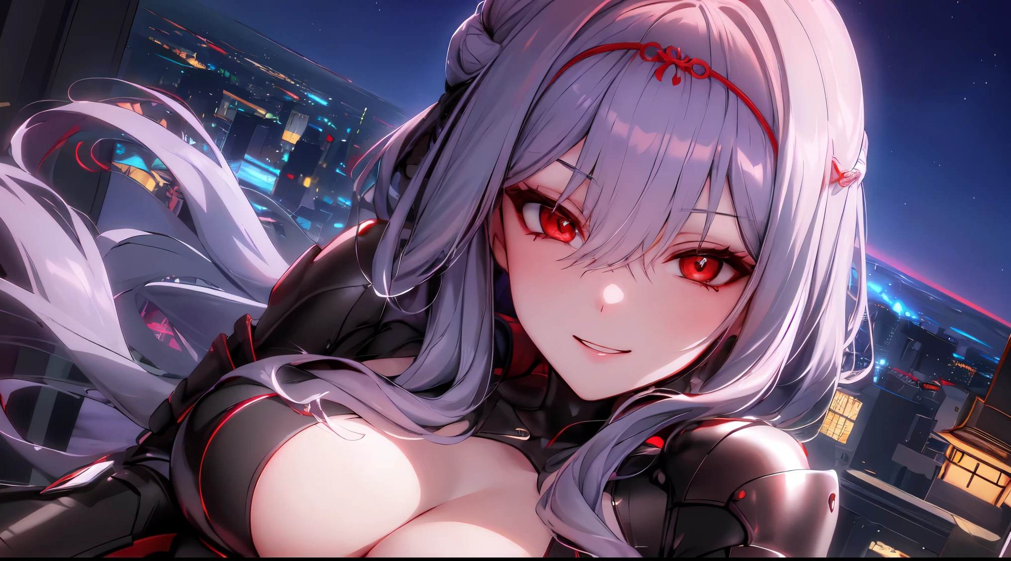 (masterpiece), best quality, intricate details, ultra details, ultra quality, rule of third, (looking at viewer), detailed face, detailed iris, glossy lips, 1girl, solo, long hair, scarletx, scarletg, bodysuit, headpiece, cityscape, bridge. backlighting, night sky, shot from above, smirk, cleched teeth, red eyes, looking to viewer, focus on face, (shot from above), woman, sexy woman, seductive smile, detailed eyes, glowing eyes,