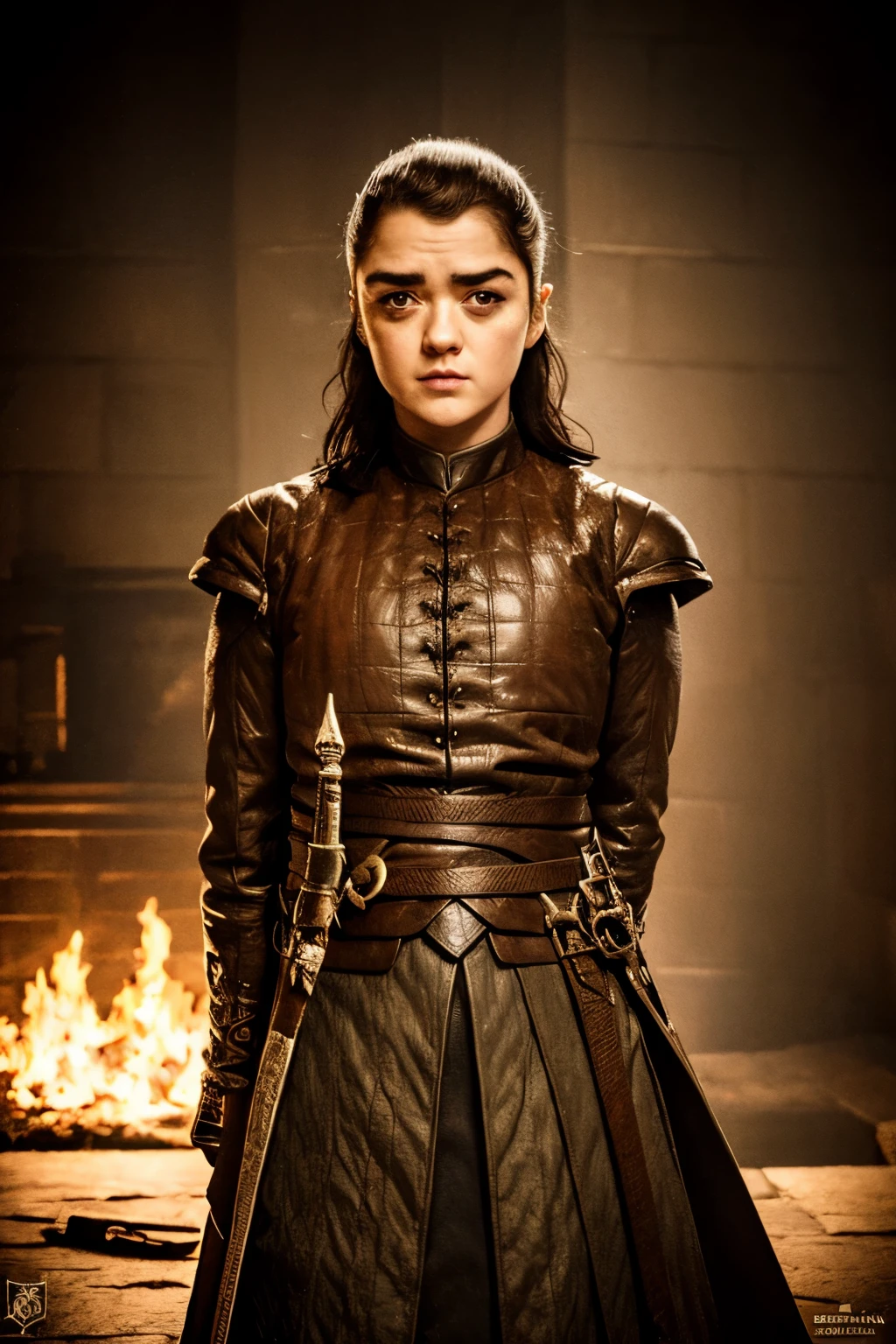 cinematic poster, close-up portrait, Arte centrada, 1 girl, sozinho, ((sozinho)), (((only one character))),  (( in dynamic combat pose)), (( segurando espada fina)), esgrima, Rosto detalhado, Arya Stark in dynamic pose, Rosto de Maisie Williams, rosto de Arya Stark, fantasia de arya stark, Roupas de Arya Stark, A Guerra dos Tronos,,  A Guerra dos Tronos, Gothic colors, climate of tension and terror, Adobe Illustration, trending on ArtStation, 8k, disco Rigido , master part, arte linda, detalhes intrincados.