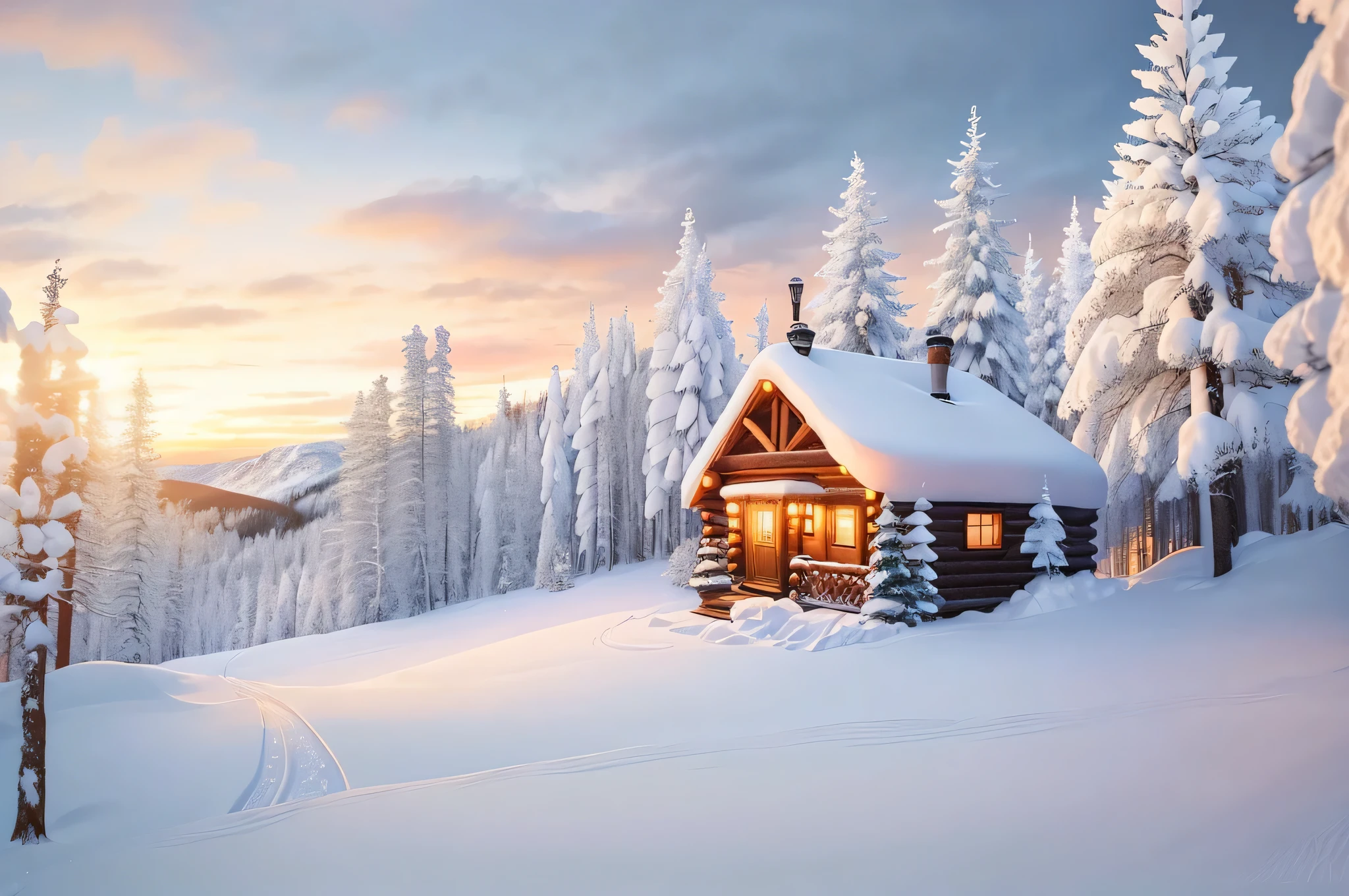 snowy cabin in the woods with a sunset in the background, beautiful snowy landscape, mystic winter landscape, cottage in the forest, winter landscape, winter scene fantasy, outside winter landscape, winter landscape outside, snowy winter scene, winter setting, sunny winter day, snowy winter, winter atmosphere, snowy landscape, house in forest, solitary cottage in the woods, snow landscape
