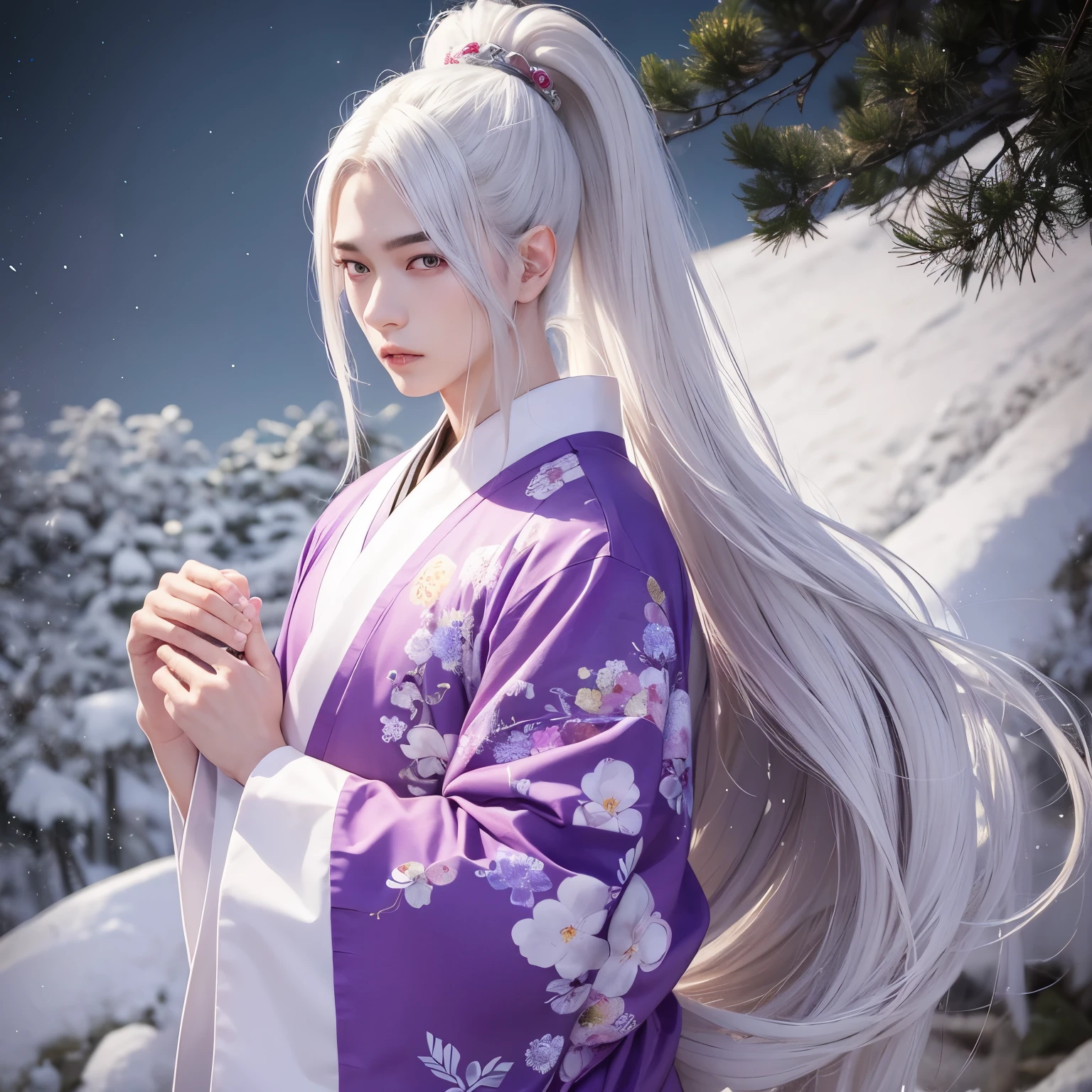 1 man,20yr old,若く美Right、long white hair,High Ponytail,wearing kimonos、manly、Rin々Right、had purple eyes、Inspired by Japanese ukiyo-e、Background with:Moonlit、snowy forest