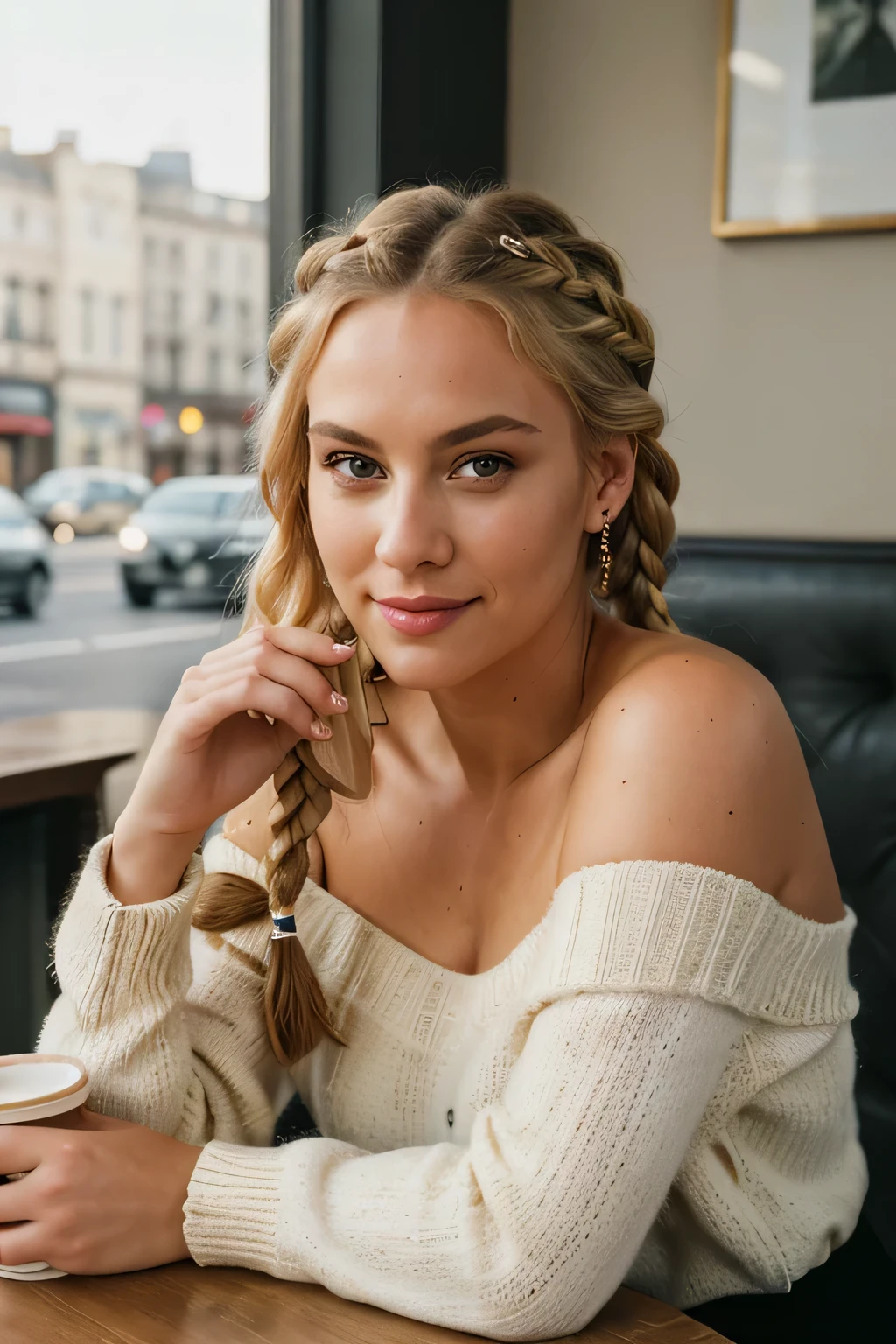 RAW, analog, Nikon Z 85mm, award winning glamour photograph,((best quality)), ((masterpiece)), ((realistic)), piercing eyes, very happy, blonde hair, quad braids, wearing an off-shoulder sweater, in an indoor cafe, a cup of coffee on table, street level, in the city, afternoon light,