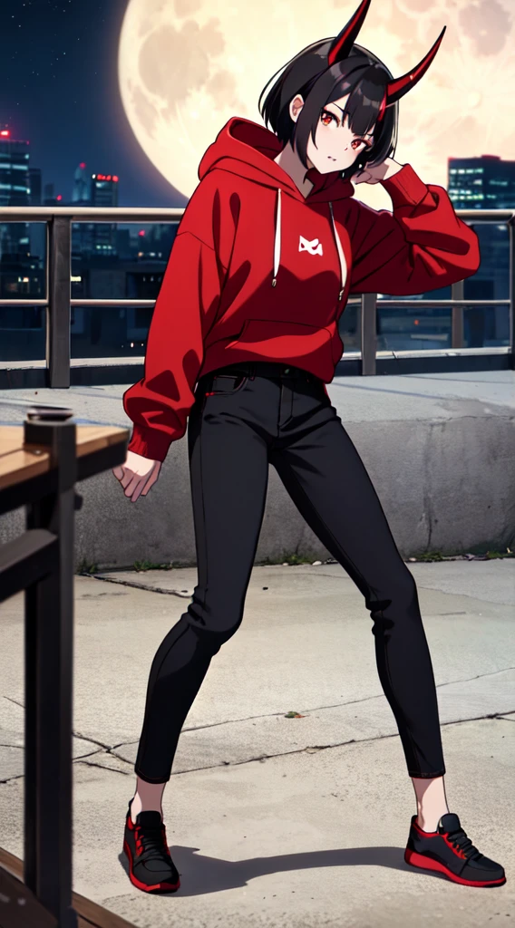 1girl, female, curve horn on head, red mix black hoodie, black long Jean, black-red shoe, black hair, HD, 8k, high detail, short hair, chilling, on a night city, summer, focus on her, night time, full moon, best quality,