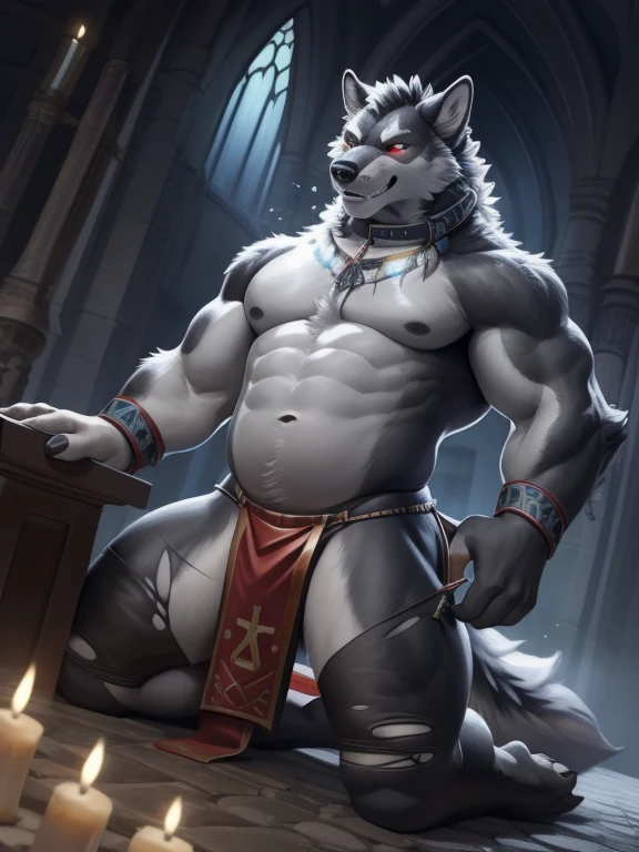 Solo, Male, (Muscular), (male anthro wolf):1.3, Black body, White belly, overweight, (Kneeling):1.3, (komono:1.4) (DOA):1.23, (Collar, Torn and worn black shorts, The loincloth is semi-worn，Half comes off， Green pattern:1.2), Detailed eyes, ((half-body portrait)), (Detailed eyes, red color eyes, gray colored skin, glowing light eyes):1.1, (exteriors:1.35), altar, firey, fumo, In the church, waxy candles, the night, Be red in the face，submit to，enjoying，low head，Look into the palm of your hand，Tied to a cross，In the center of the six-star array，sacrificeundled（Particle，glowworm，blue glowing）：1.3，detailedbackground，realisticlying，realistic hand，8k hdr，（Dark shadows，Wide dynamic range，hdr，low-light：1.2），author（pino daeni，（author：by ruaidri），author：virtyalfobo）suggestive, nsfw