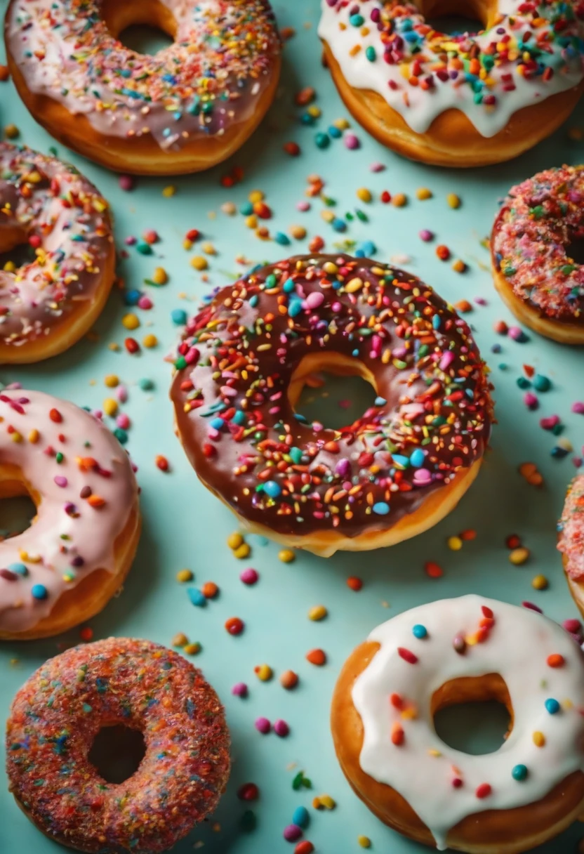 A close-up shot of a donut being decorated with colorful sprinkles, with the sprinkles scattered across the glaze and adding a playful and visually delightful touch