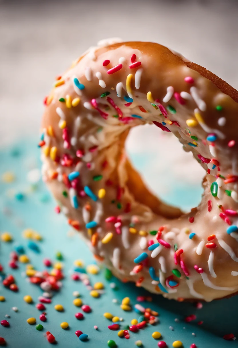 A close-up shot of a donut being decorated with colorful sprinkles, with the sprinkles scattered across the glaze and adding a playful and visually delightful touch