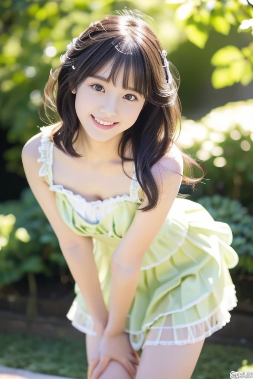 (RAW Photos、Highest quality、masterpiece、Realistic photo:1.3)、(Realistic:1.4)、Dramatic lighting、Pastel Color Palette、Super detailed、high resolution、(Detailed Background、The background is blurry、Depth of written boundary:1.6)、18-year-old、Pretty girl、Slender body、(smile、Perfect white teeth)、looking at the camera、Straight Hair、Long Hair、bangs、(Spread your legs、squat、Sexy pose、White underwear is visible:1.3)、Facing forward、(Fine lace clothing、Light Green Dress、Short skirt、Shoulders bare:1.5)、necklace、bracelet、(A large number of hydrangeas in the background)、