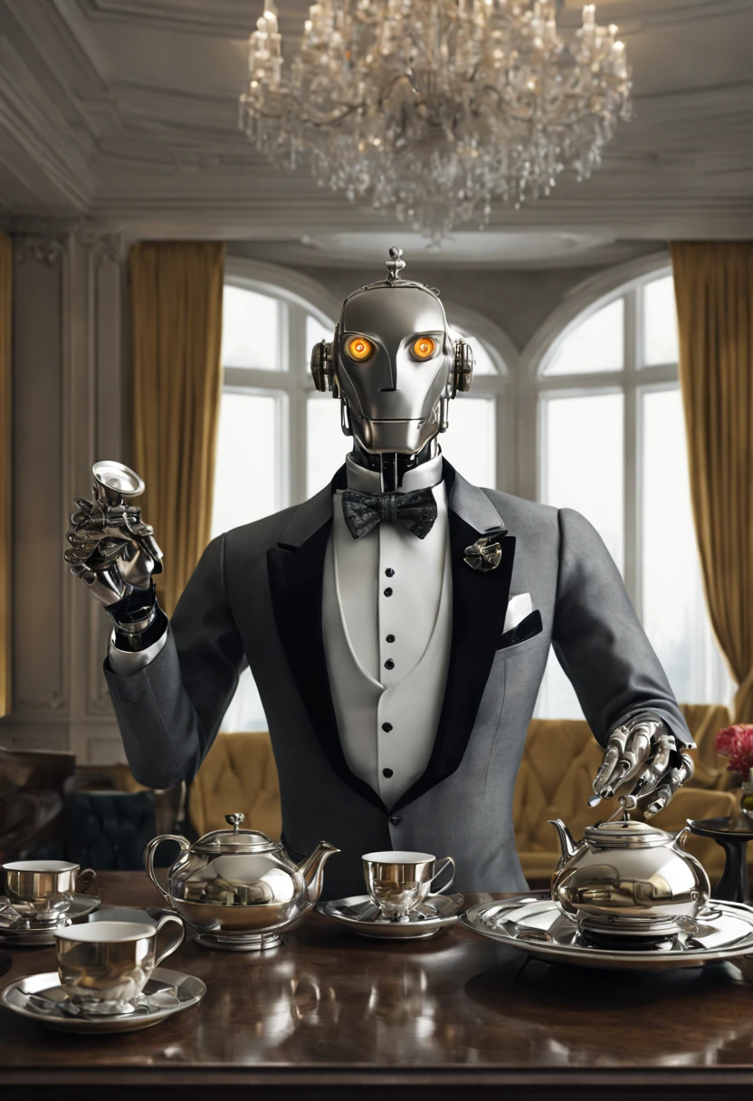 A detailed robot butler in a high-resolution, ultra-detailed and realistic scene. The butler is made of shiny metal and has intricate mechanical designs. It has glowing LED eyes and a sleek, streamlined body. The butler is holding a silver tray with a delicate tea set on it. The tray is adorned with fine china cups and saucers, and a teapot with steam rising from it. The scene is set in a luxurious living room with elegant furniture and plush, velvet curtains. The lighting is warm and soft, creating a cozy ambiance. The colors are rich and vibrant, with metallic tones of silver and gold dominating the palette. The butler is standing in a confident and poised position, ready to serve its guests with impeccable manners.