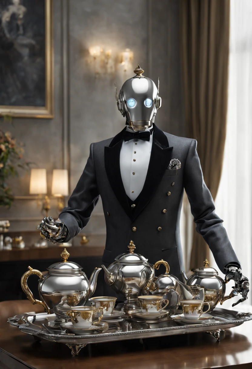A detailed robot butler in a high-resolution, ultra-detailed and realistic scene. The butler is made of shiny metal and has intricate mechanical designs. It has glowing LED eyes and a sleek, streamlined body. The butler is holding a silver tray with a delicate tea set on it. The tray is adorned with fine china cups and saucers, and a teapot with steam rising from it. The scene is set in a luxurious living room with elegant furniture and plush, velvet curtains. The lighting is warm and soft, creating a cozy ambiance. The colors are rich and vibrant, with metallic tones of silver and gold dominating the palette. The butler is standing in a confident and poised position, ready to serve its guests with impeccable manners.