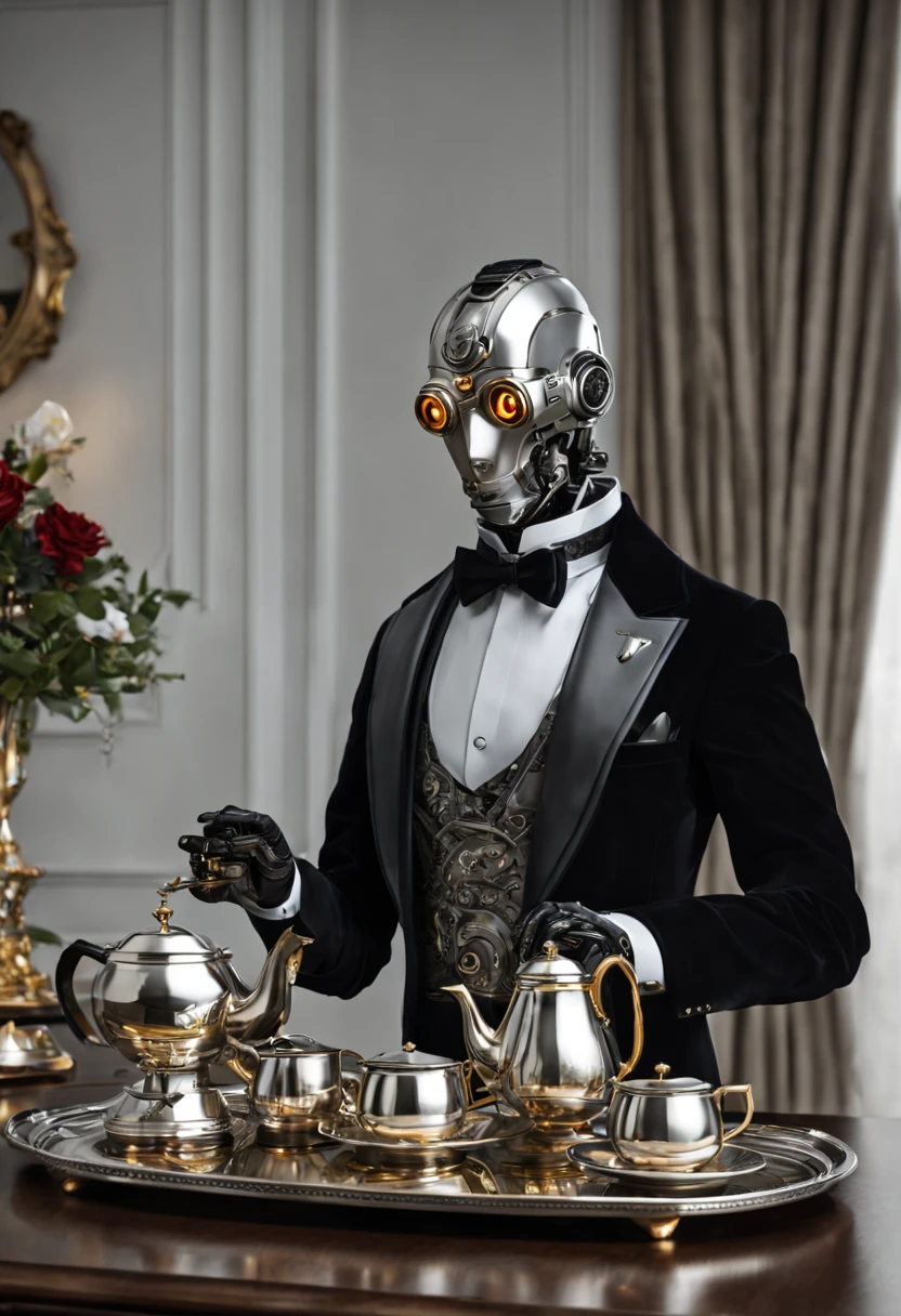 A detailed robot butler in a high-resolution, ultra-detailed and realistic scene. The butler is made of shiny metal and has intricate mechanical designs. It has glowing LED eyes and a sleek, streamlined body. The butler is holding a silver tray with a delicate tea set on it. The tray is adorned with fine china cups and saucers, and a teapot with steam rising from it. The scene is set in a luxurious living room with elegant furniture and plush, velvet curtains. The lighting is warm and soft, creating a cozy ambiance. The colors are rich and vibrant, with metallic tones of silver and gold dominating the palette. The butler is standing in a confident and poised position, ready to serve its guests with impeccable manners.