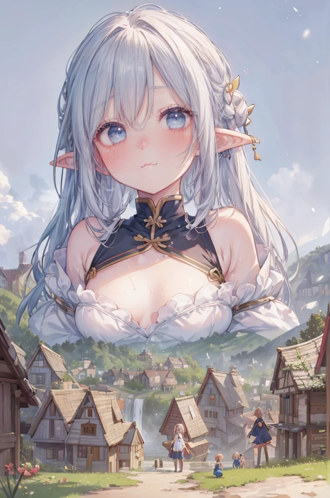 (tiny villages of people on a cliff in front of a giantess breasts: 1.2), (a tiny village on a tiny hill in front of the breasts of a giantess: 1.2), a giantess looming over a tiny village on a tiny hill, (tiny adventurers: 1.1), (crowds of tiny villages on a tiny cliff in front of a girl: 1.1), (crowds of tiny villages on a cliff: 1.1), giantess girls in the background, simple background, (winter background:1.3), giantess girls in the background, multiple girls, (2girls:1.8), (very tall girl:1.2), (giantess:1.2), (yuri:1.2), (elfgirl:1.1), pointy ears, very cute hair, view from below, village, (crowds:2), (tiny crowds of people:1.8), (tiny people:1.5), forest, poor village, blushing, anime style 4 k, beautiful anime portrait, very detailed, simple colors, (vibrant and aesthetically pleasing), (:3:1.2), (breast sweat: 1.2)