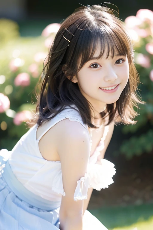 highest quality, High resolution, realistic pictures, detailed skin texture, (e 10 panese girl wearing a short white camisole), (flat chest:1.5), towards the camera, slim body shape, Fair skin, view audience, focus on face, (close up of face:1.2), long straight hair, In the park with cherry blossoms falling, smile, (loli:1.2)